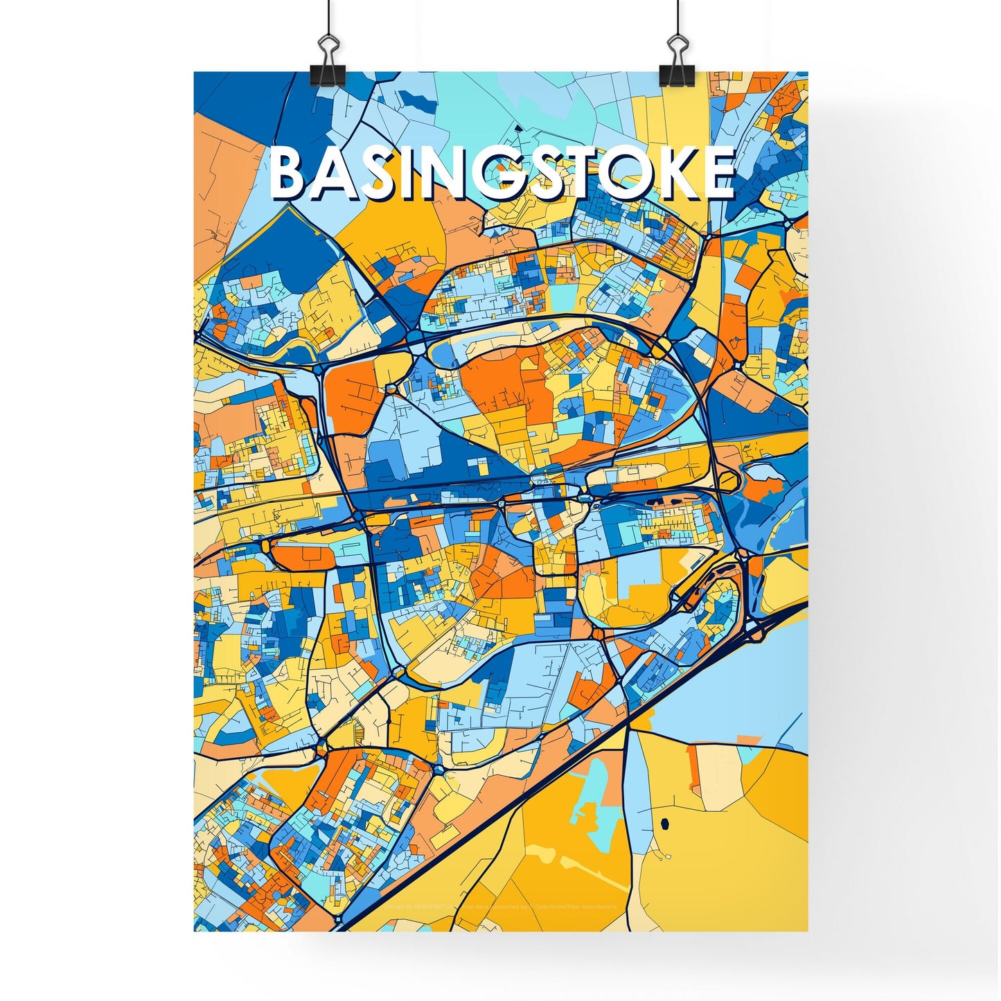 BASINGSTOKE ENGLAND Vibrant Colorful Art Map Poster Blue Orange