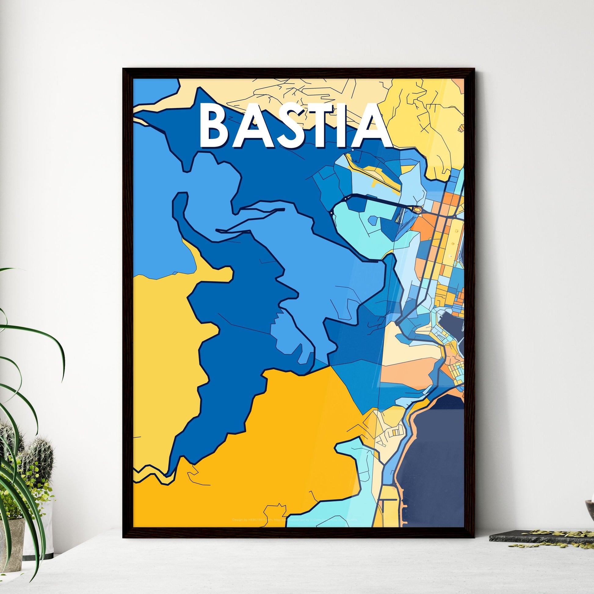 BASTIA FRANCE Vibrant Colorful Art Map Poster Blue Orange