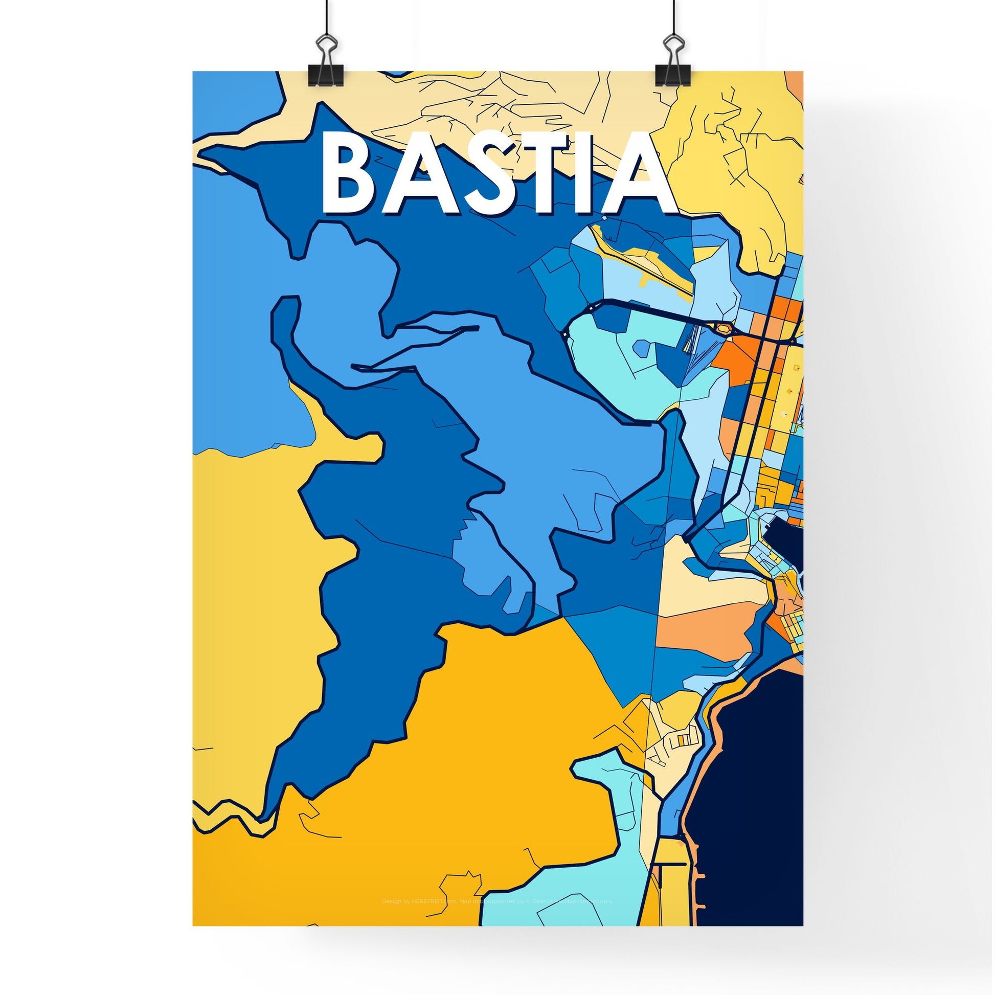 BASTIA FRANCE Vibrant Colorful Art Map Poster Blue Orange