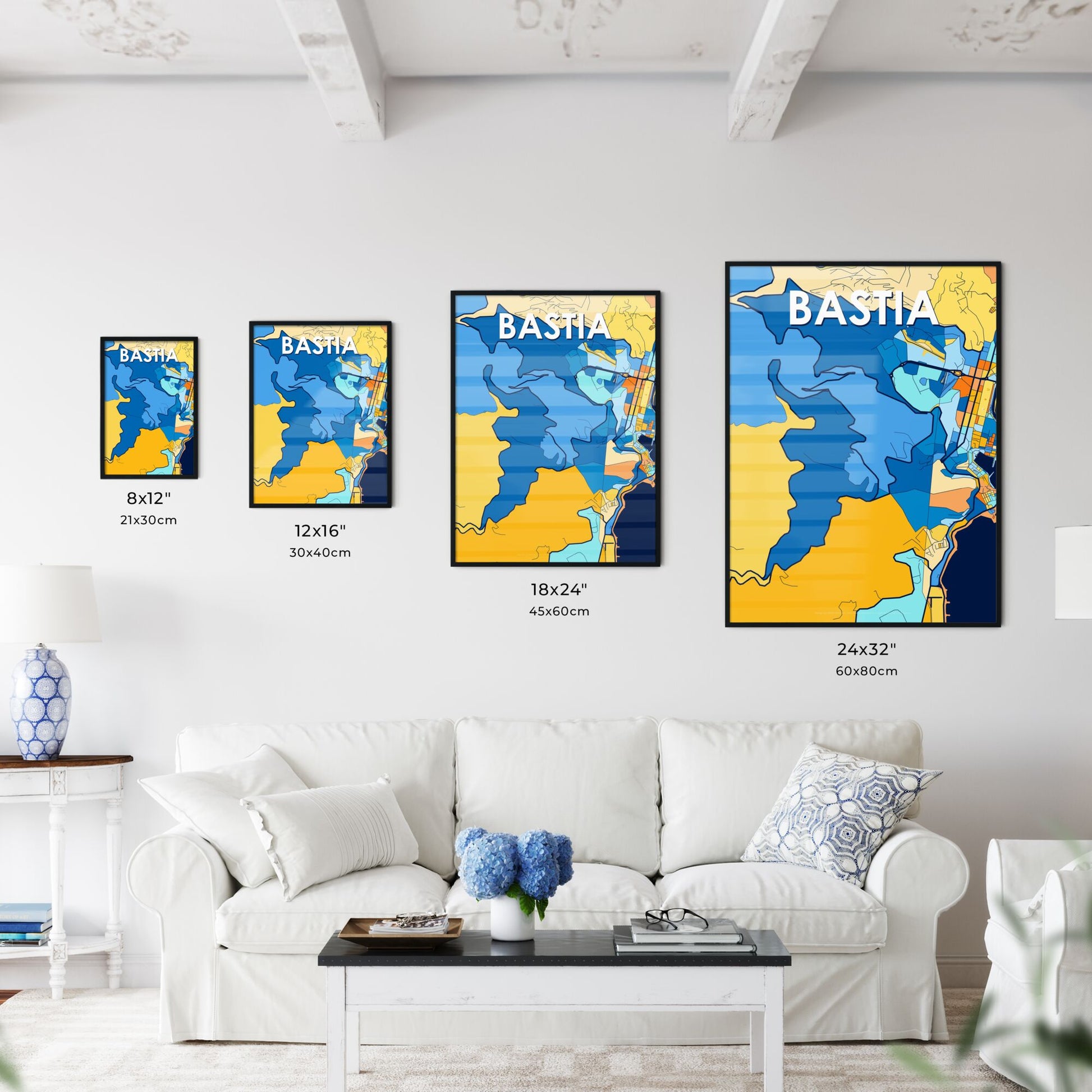 BASTIA FRANCE Vibrant Colorful Art Map Poster Blue Orange