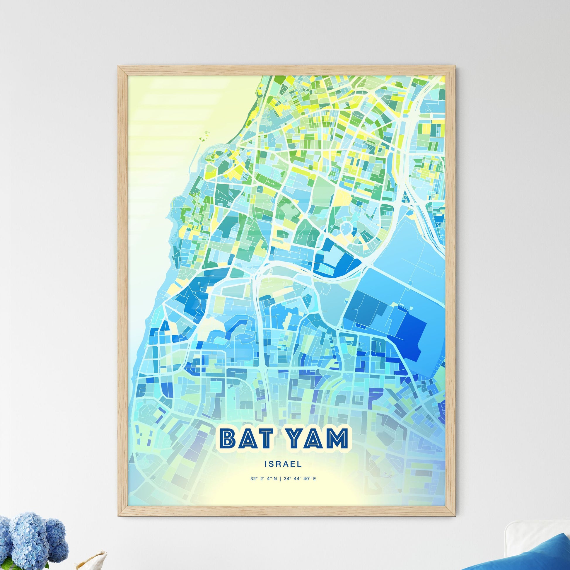Colorful Bat Yam Israel Fine Art Map Cool Blue
