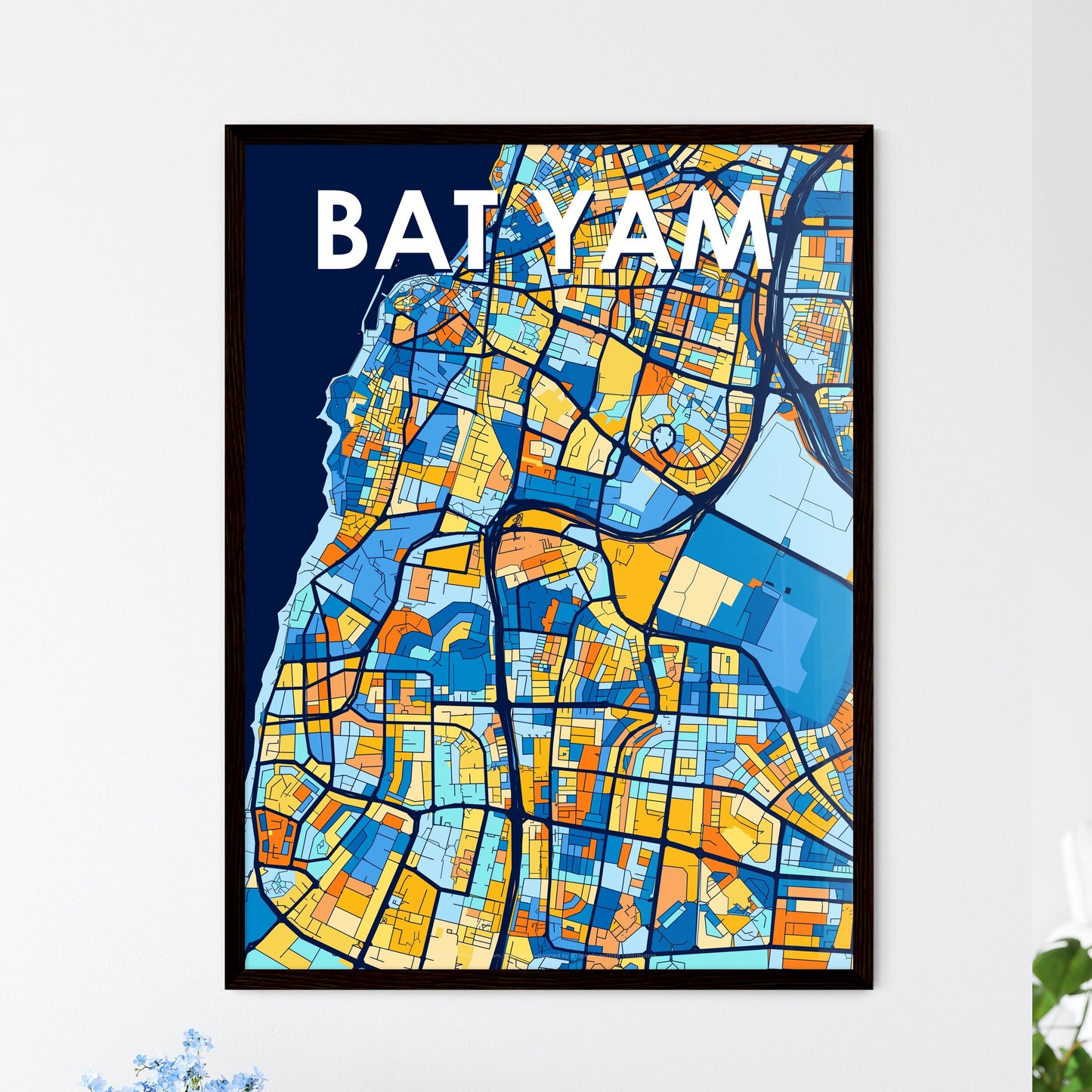 BAT YAM ISRAEL Vibrant Colorful Art Map Poster Blue Orange