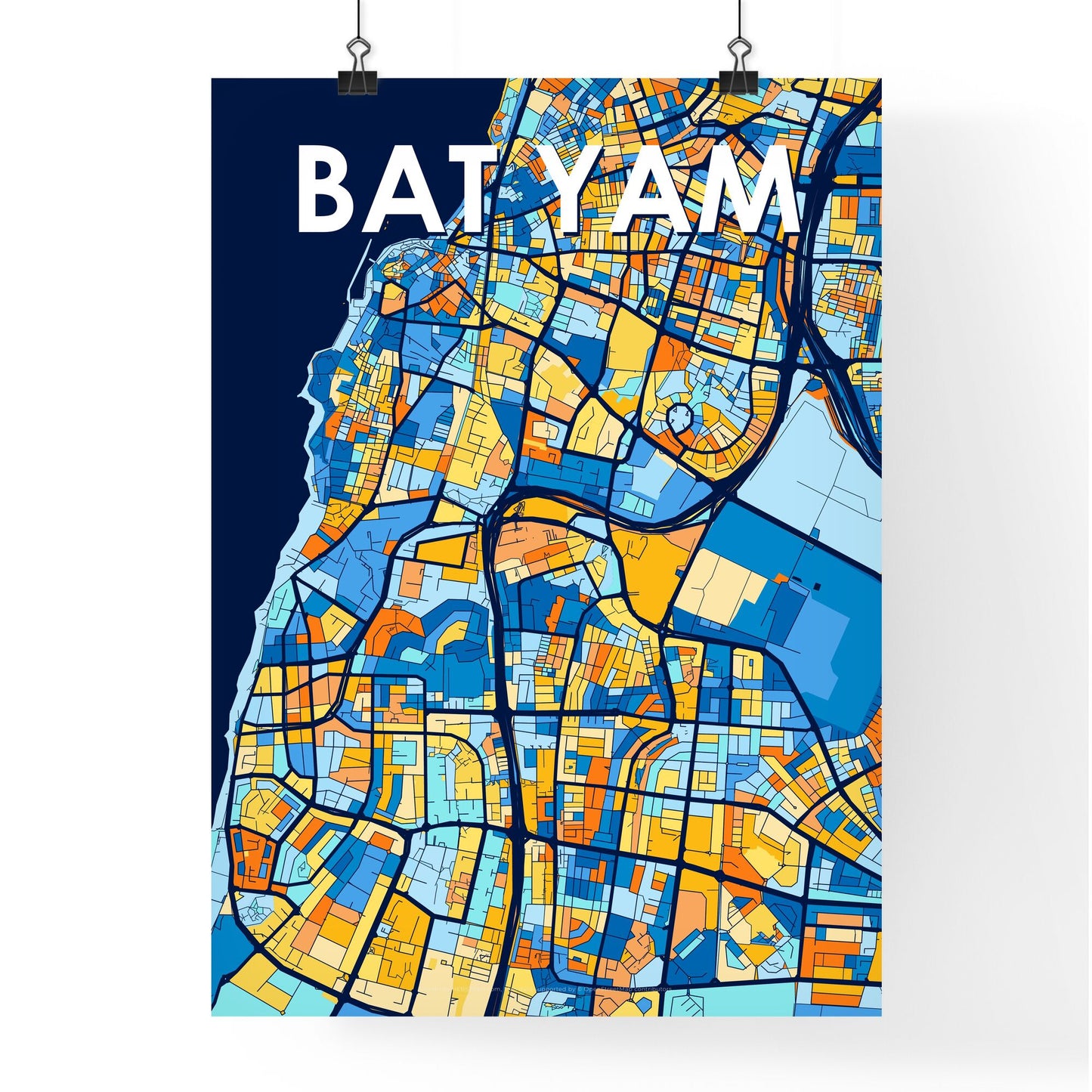 BAT YAM ISRAEL Vibrant Colorful Art Map Poster Blue Orange