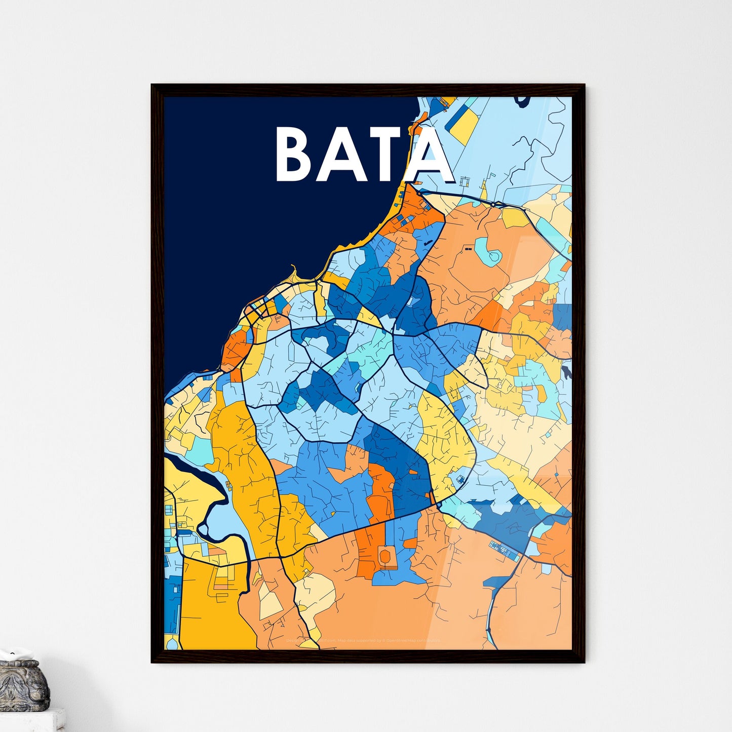 BATA EQUATORIAL GUINEA Vibrant Colorful Art Map Poster Blue Orange