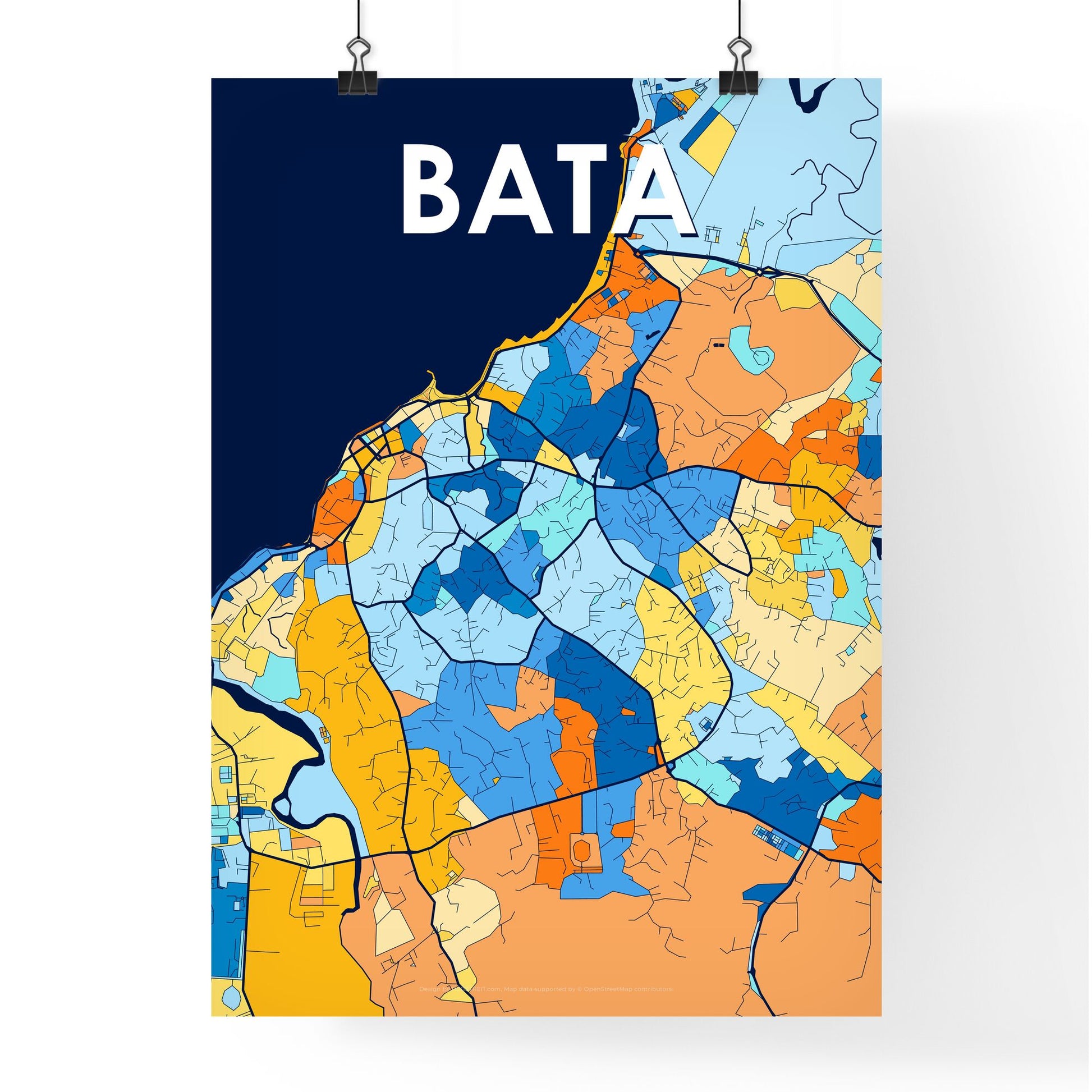 BATA EQUATORIAL GUINEA Vibrant Colorful Art Map Poster Blue Orange