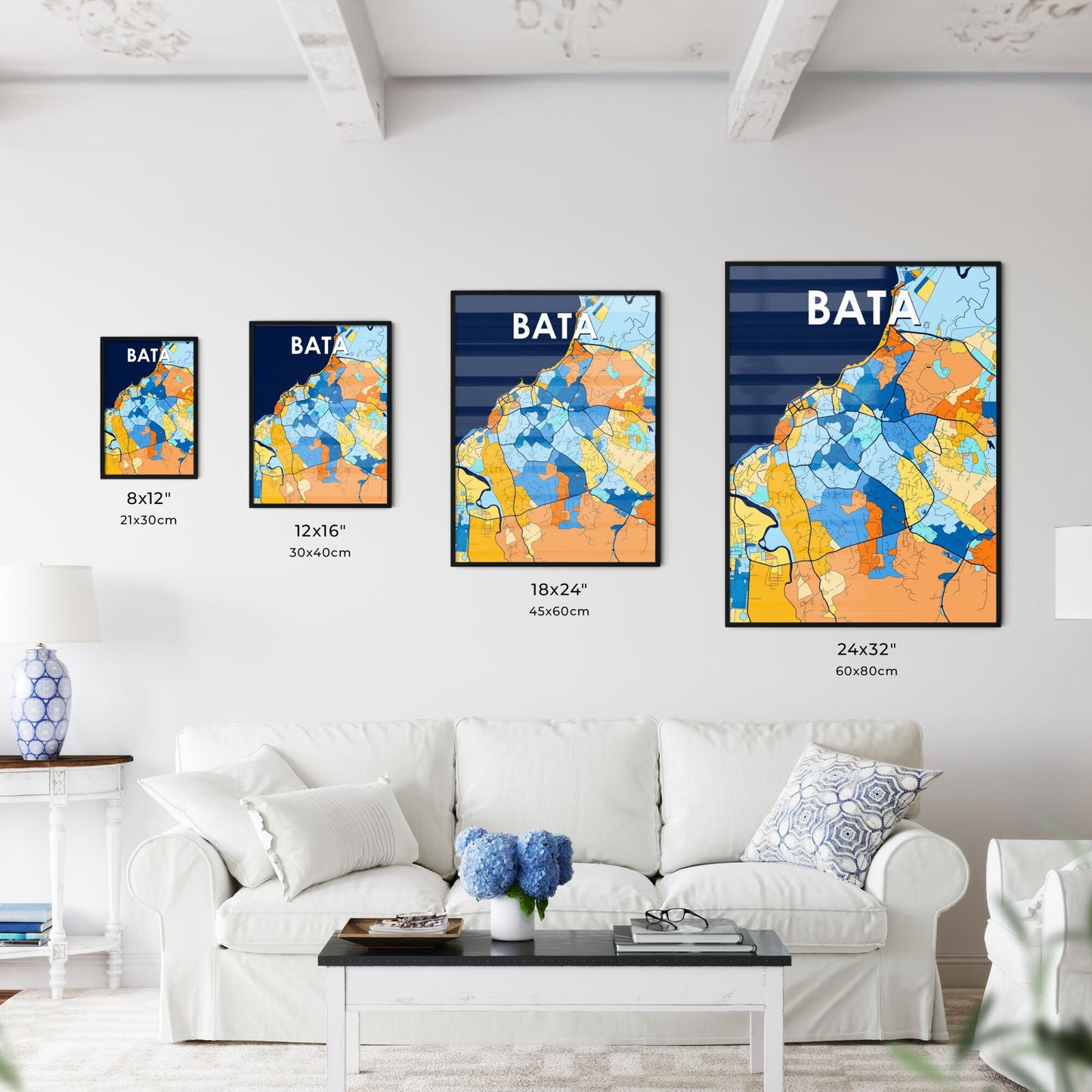 BATA EQUATORIAL GUINEA Vibrant Colorful Art Map Poster Blue Orange