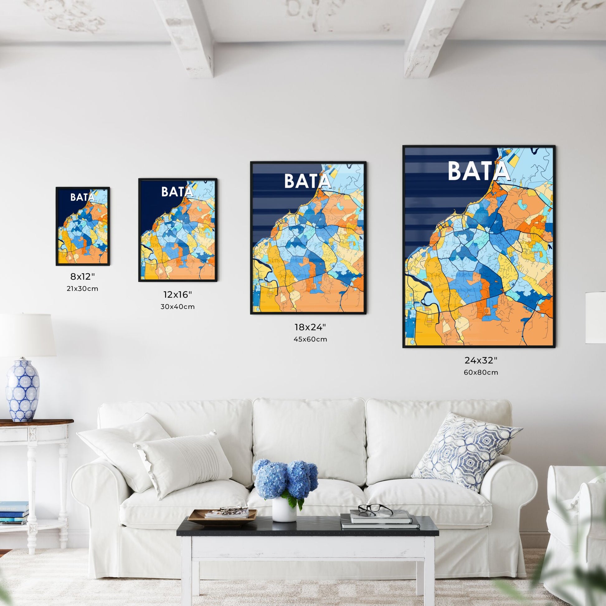 BATA EQUATORIAL GUINEA Vibrant Colorful Art Map Poster Blue Orange