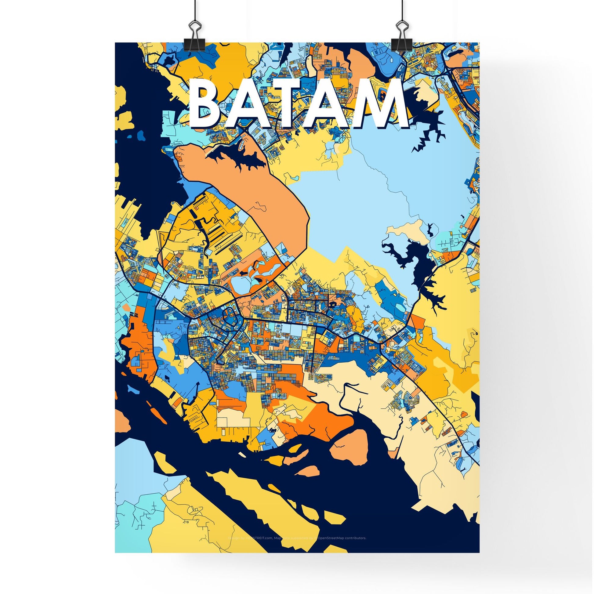 BATAM INDONESIA Vibrant Colorful Art Map Poster Blue Orange