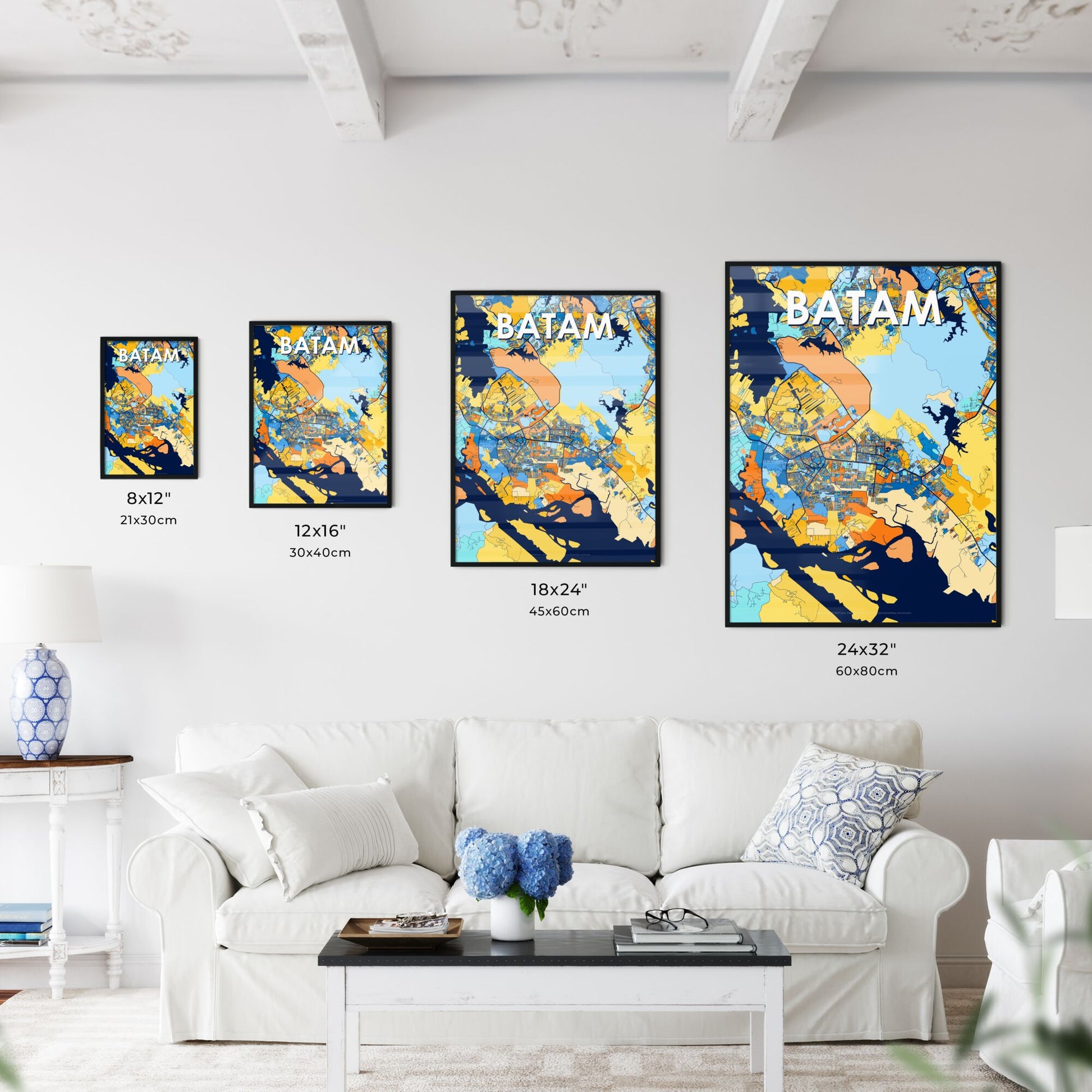 BATAM INDONESIA Vibrant Colorful Art Map Poster Blue Orange