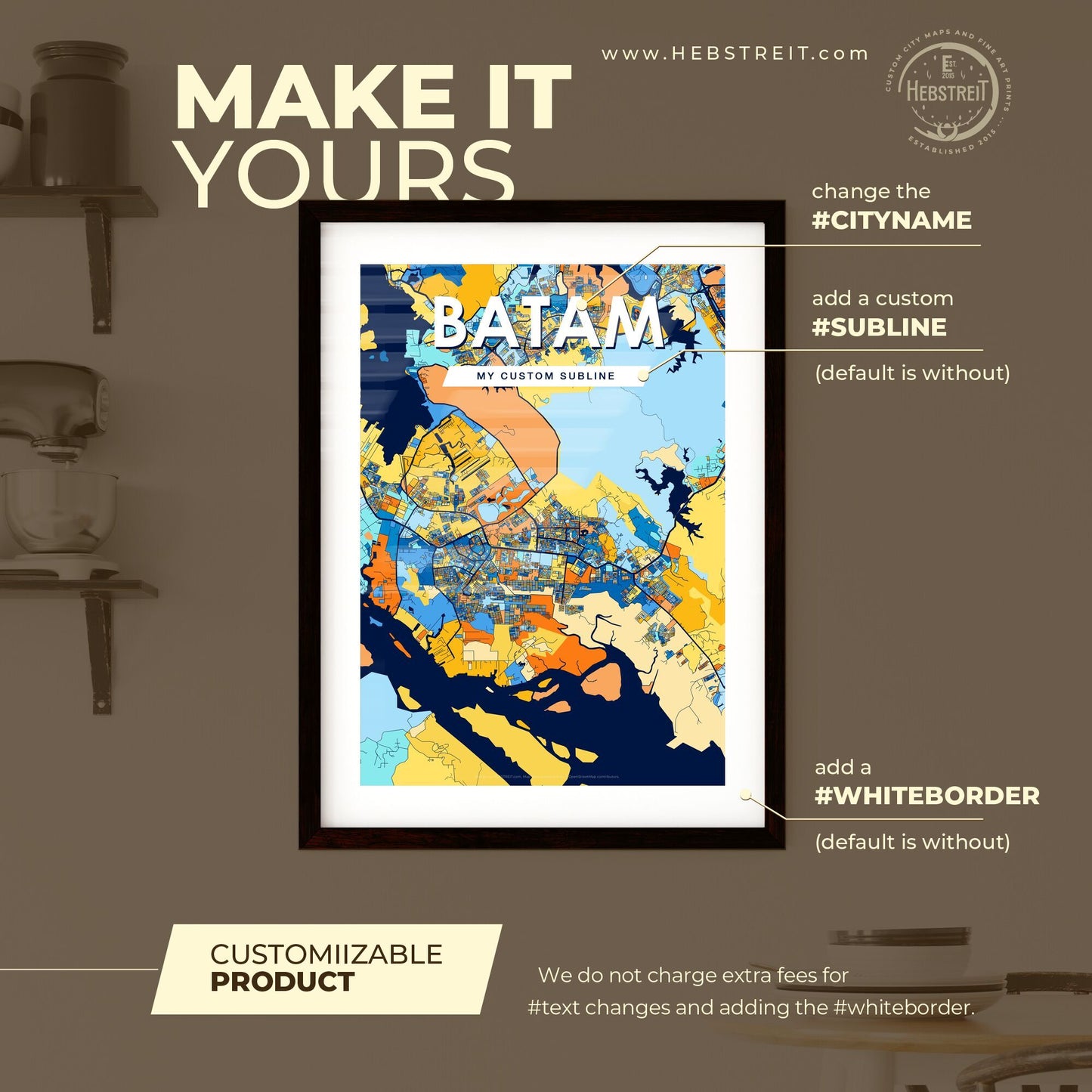 BATAM INDONESIA Vibrant Colorful Art Map Poster Blue Orange