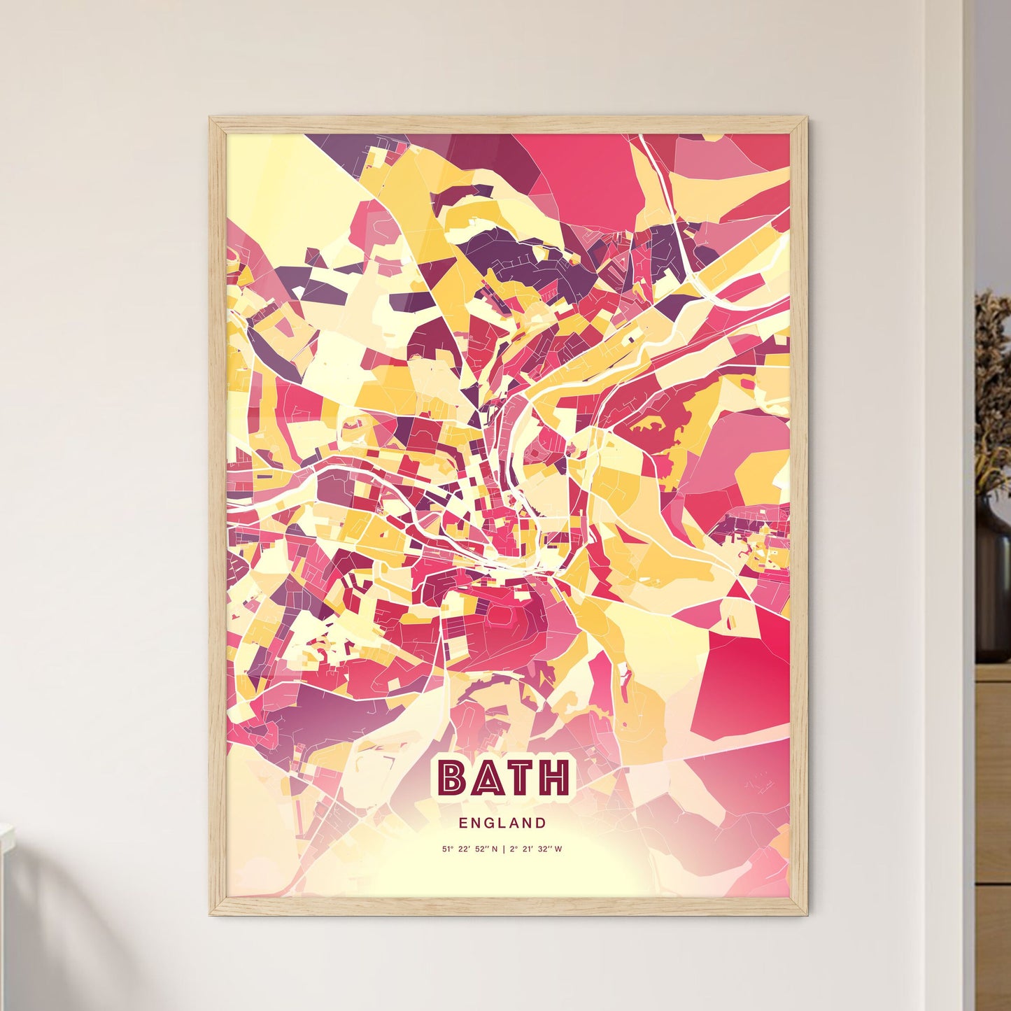 Colorful Bath England Fine Art Map Hot Red