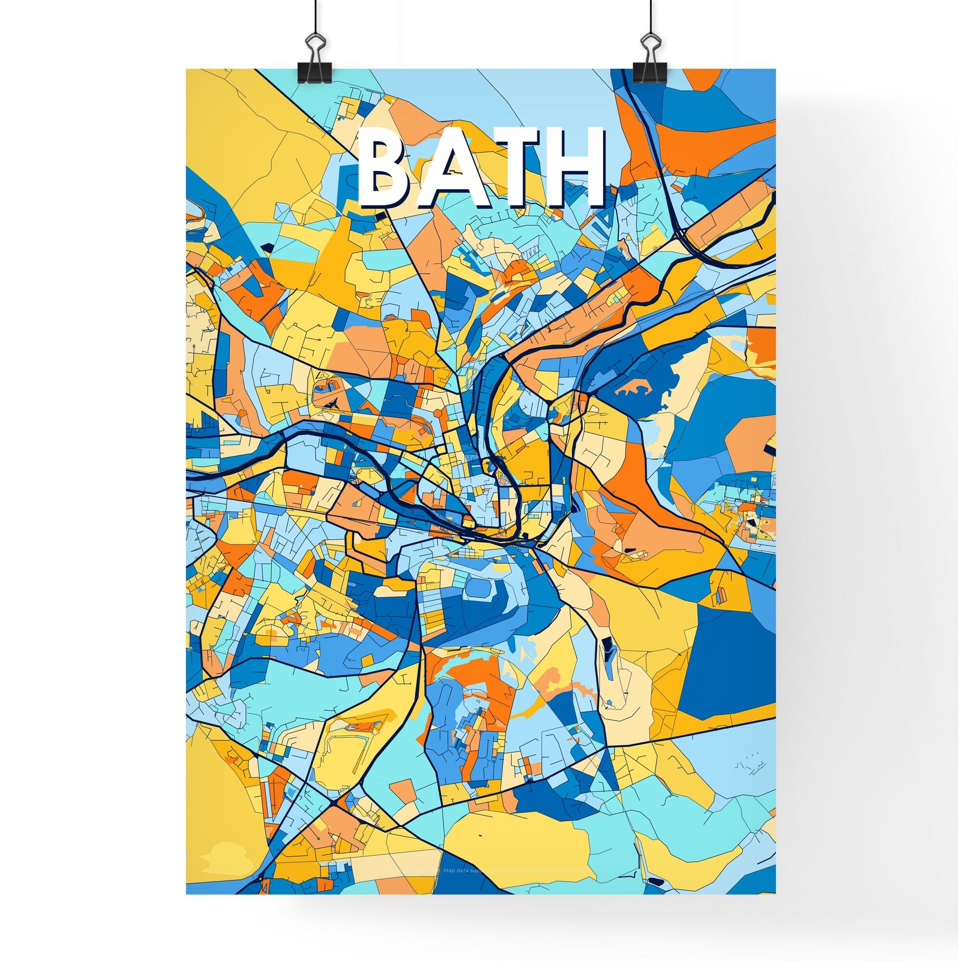 BATH ENGLAND Vibrant Colorful Art Map Poster Blue Orange