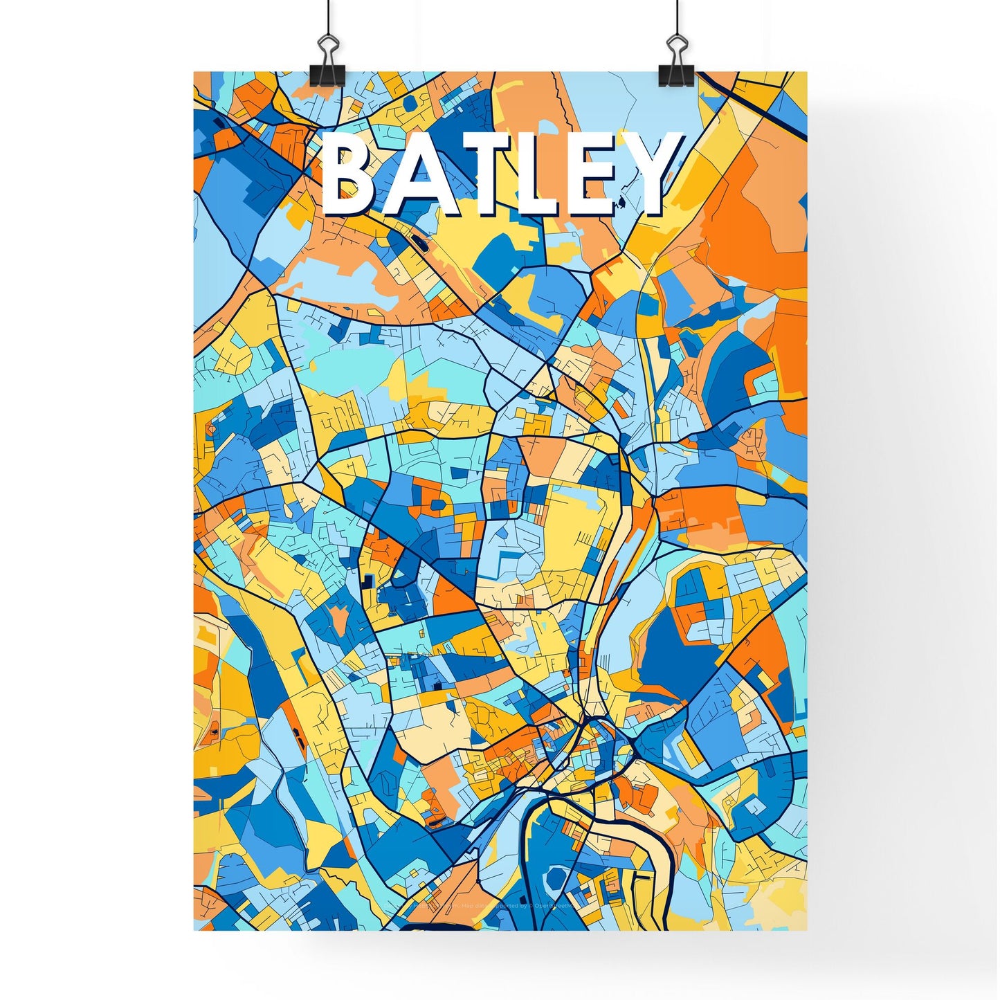 BATLEY ENGLAND Vibrant Colorful Art Map Poster Blue Orange