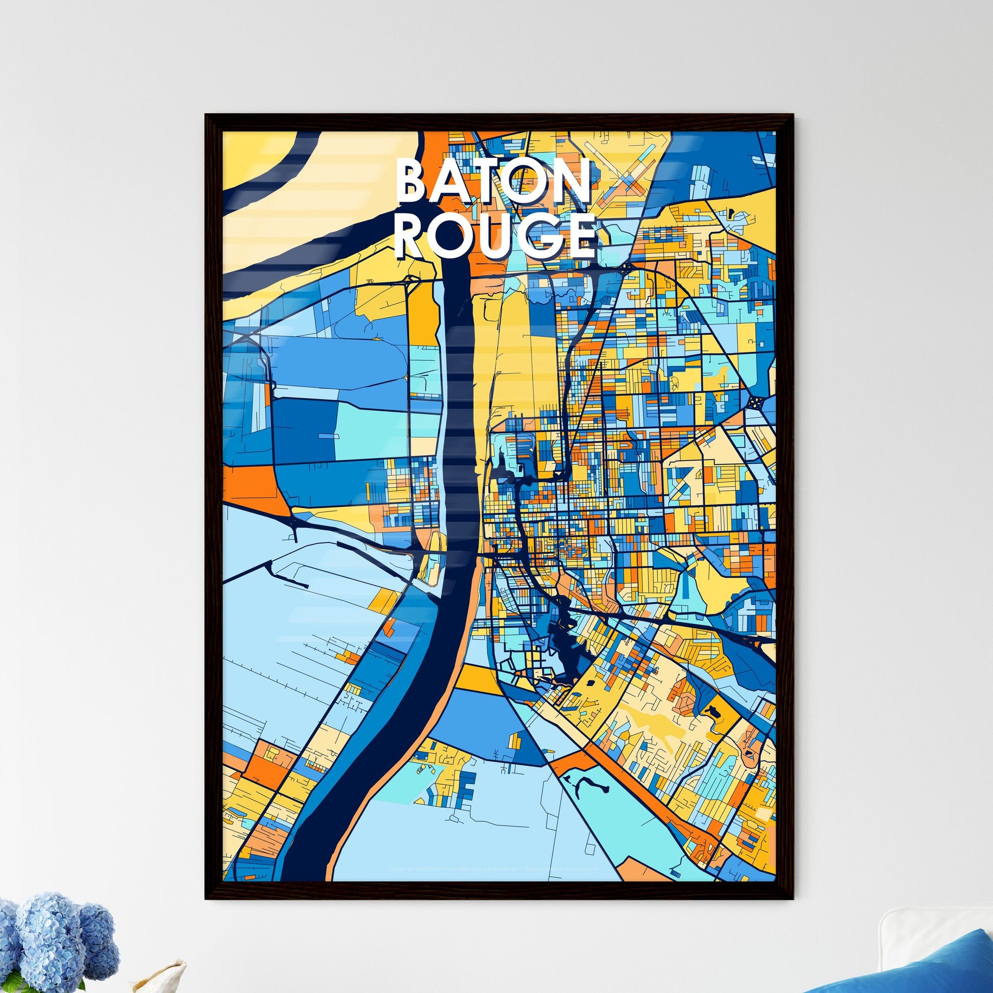 BATON ROUGE LOUISIANA Vibrant Colorful Art Map Poster Blue Orange