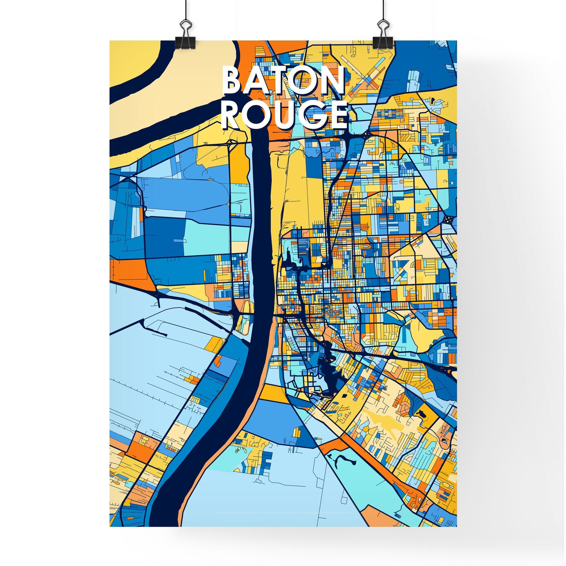 BATON ROUGE LOUISIANA Vibrant Colorful Art Map Poster Blue Orange