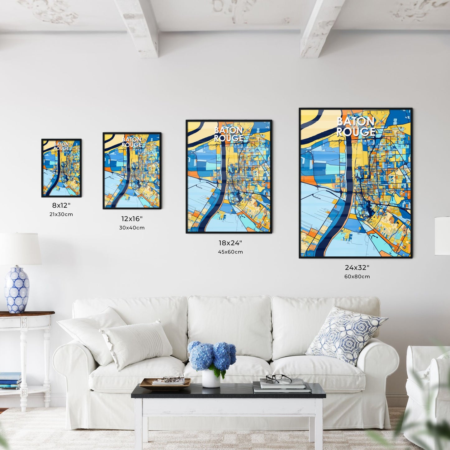 BATON ROUGE LOUISIANA Vibrant Colorful Art Map Poster Blue Orange