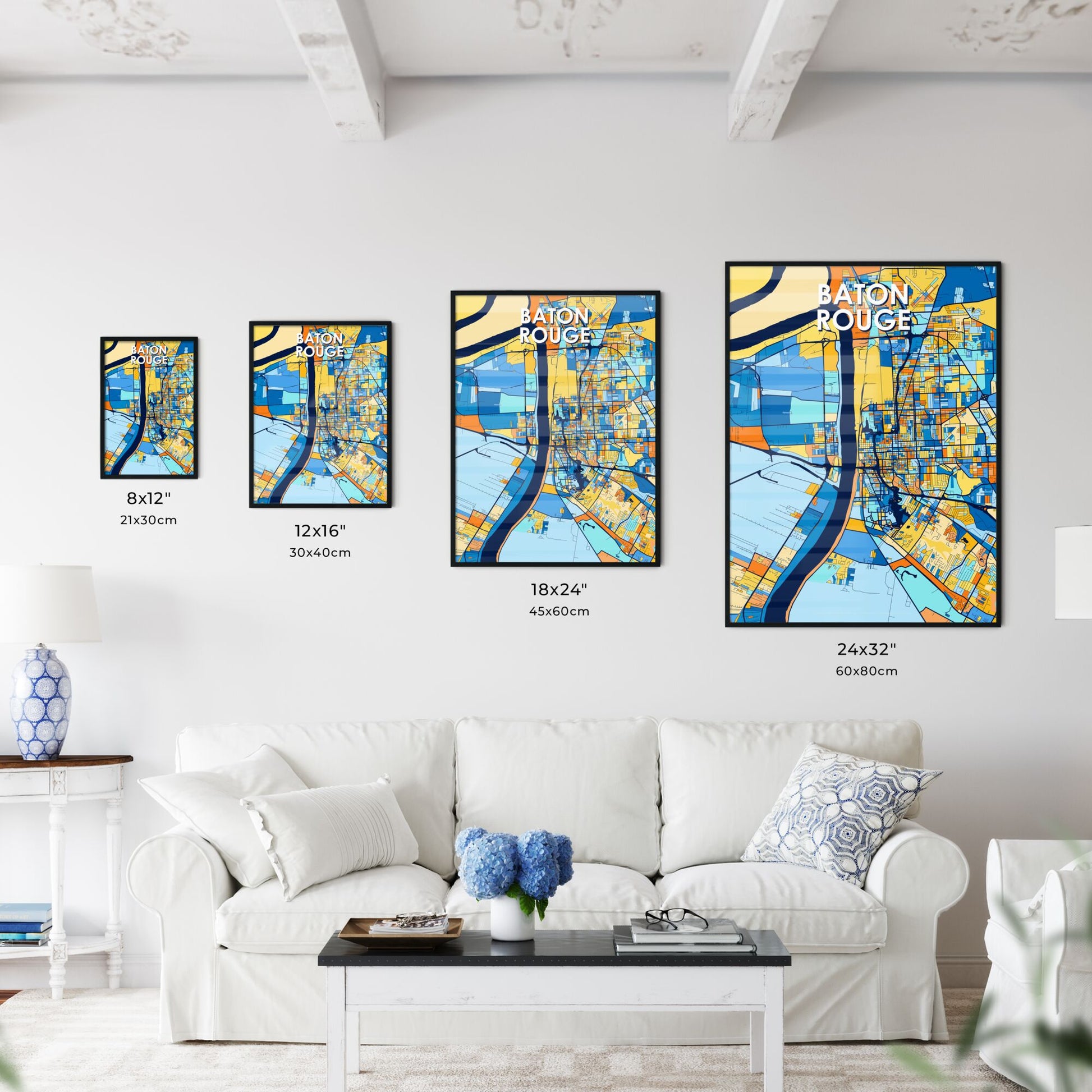 BATON ROUGE LOUISIANA Vibrant Colorful Art Map Poster Blue Orange