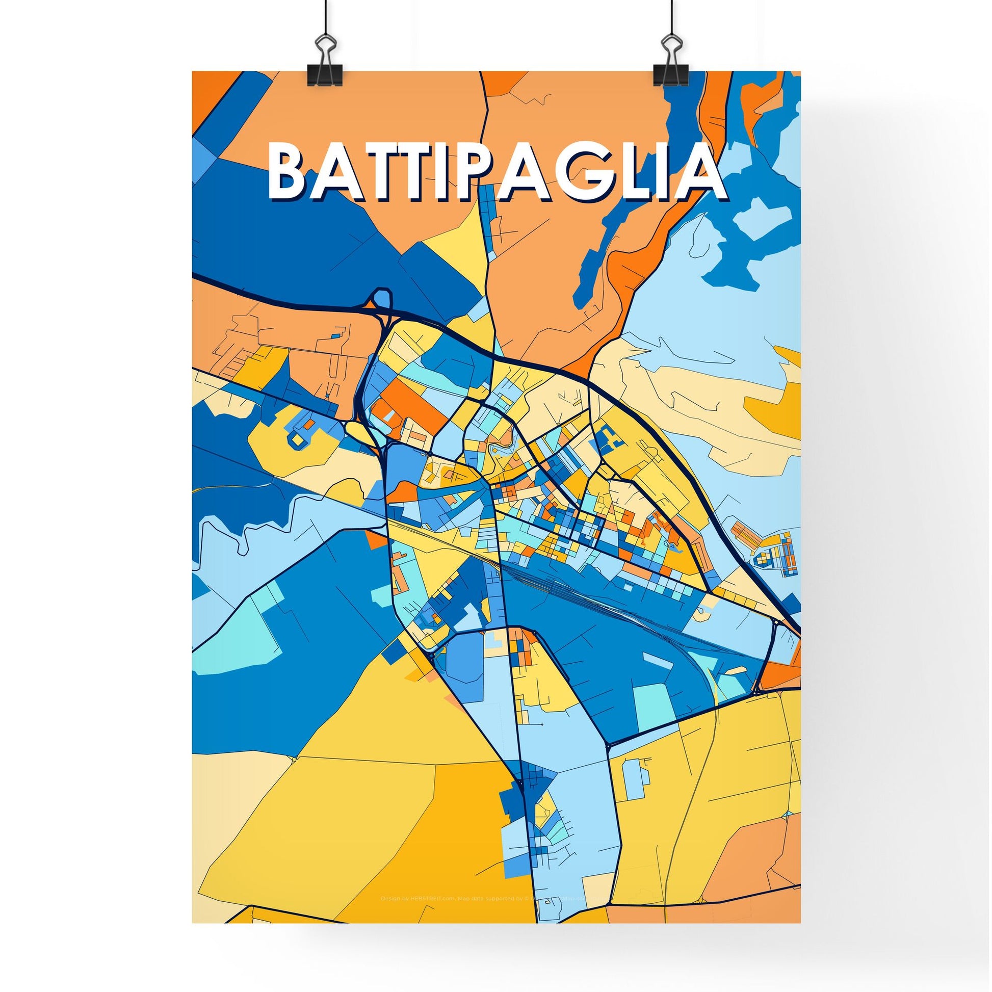 BATTIPAGLIA ITALY Vibrant Colorful Art Map Poster Blue Orange