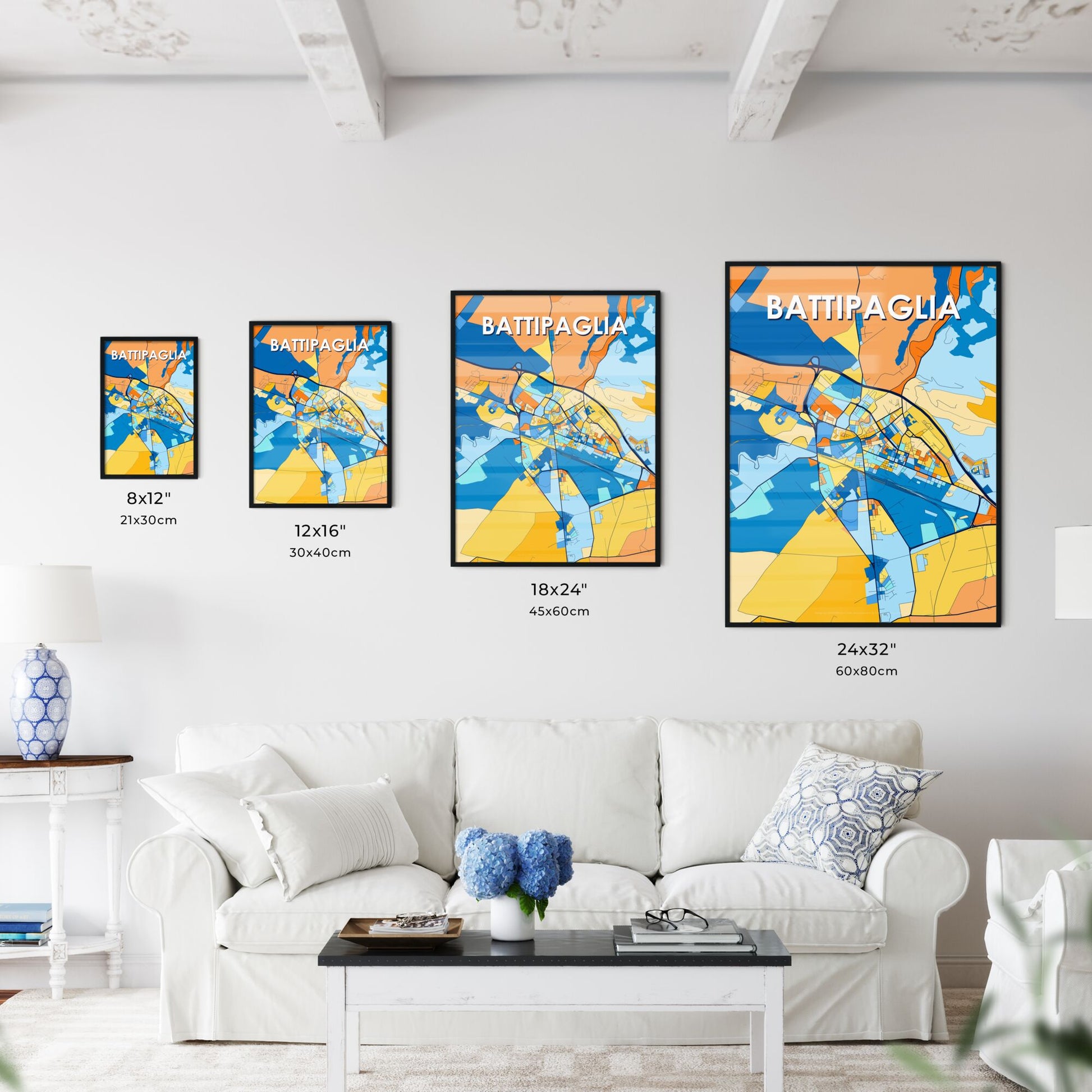 BATTIPAGLIA ITALY Vibrant Colorful Art Map Poster Blue Orange