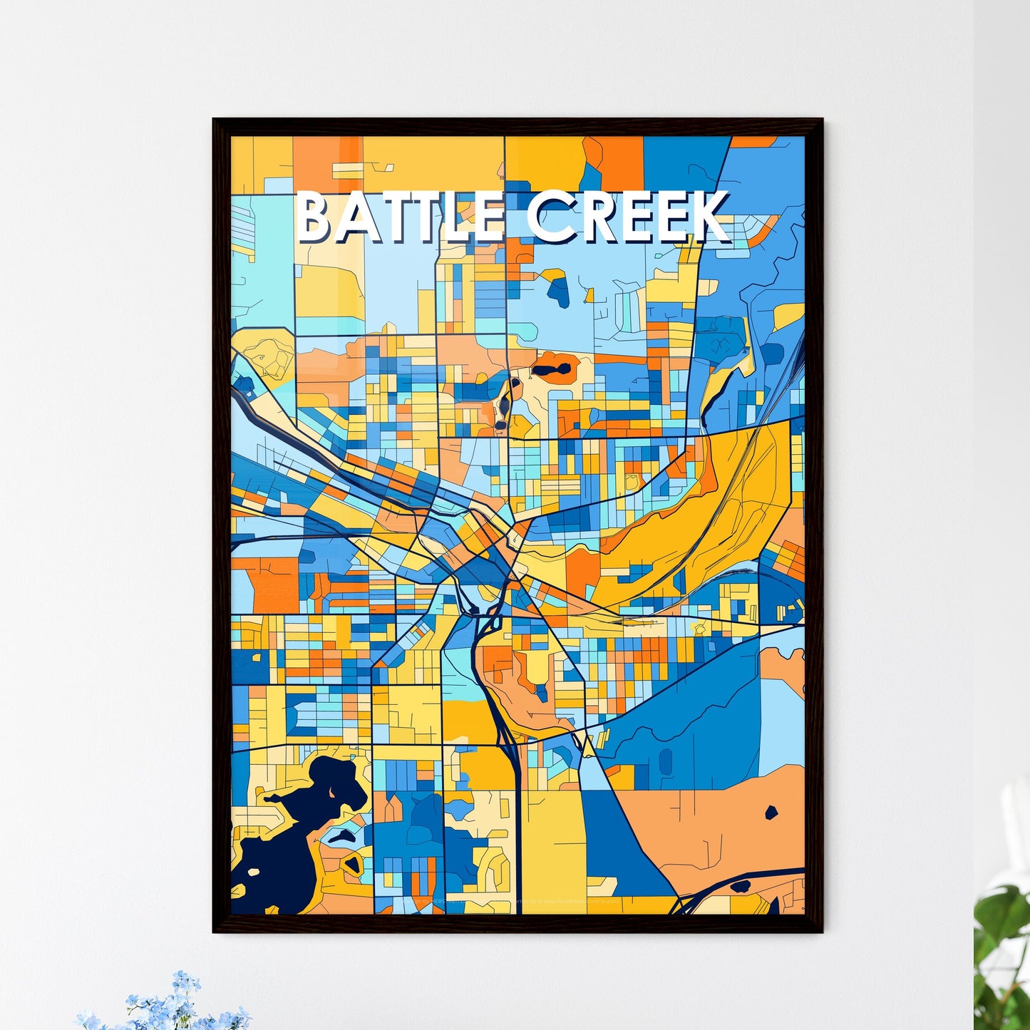 BATTLE CREEK MICHIGAN Vibrant Colorful Art Map Poster Blue Orange