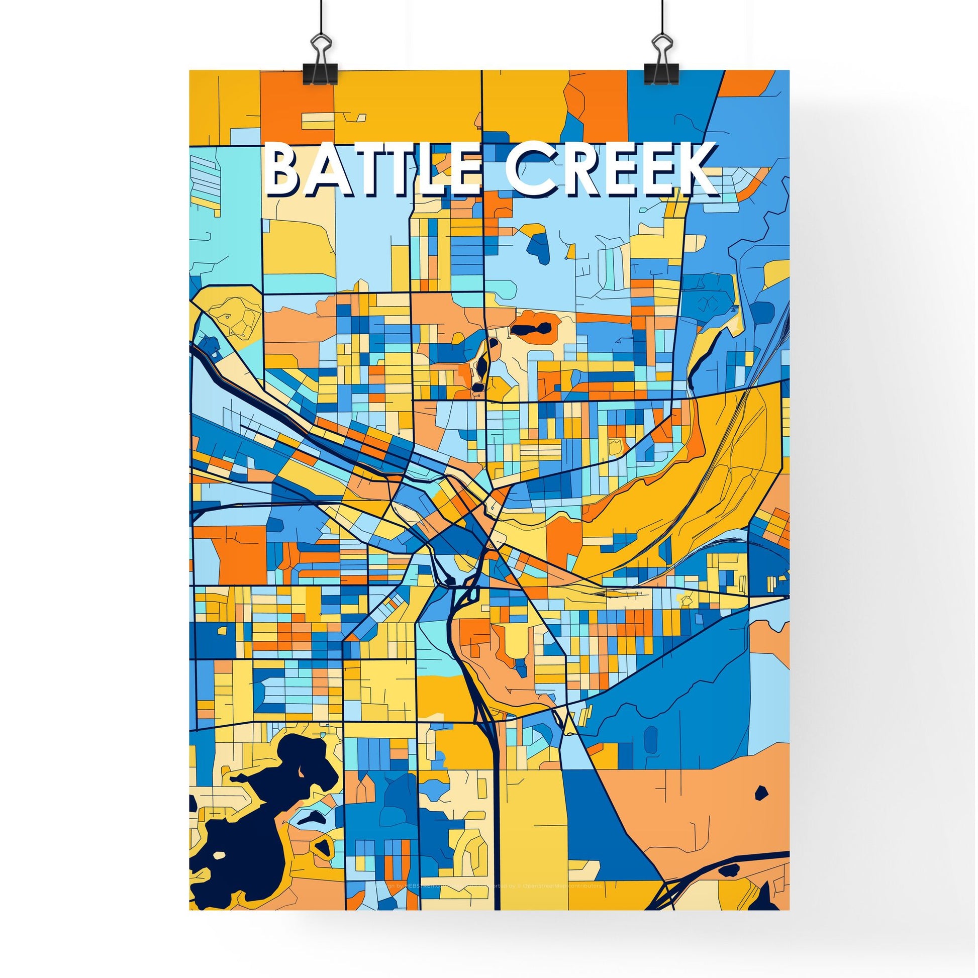 BATTLE CREEK MICHIGAN Vibrant Colorful Art Map Poster Blue Orange