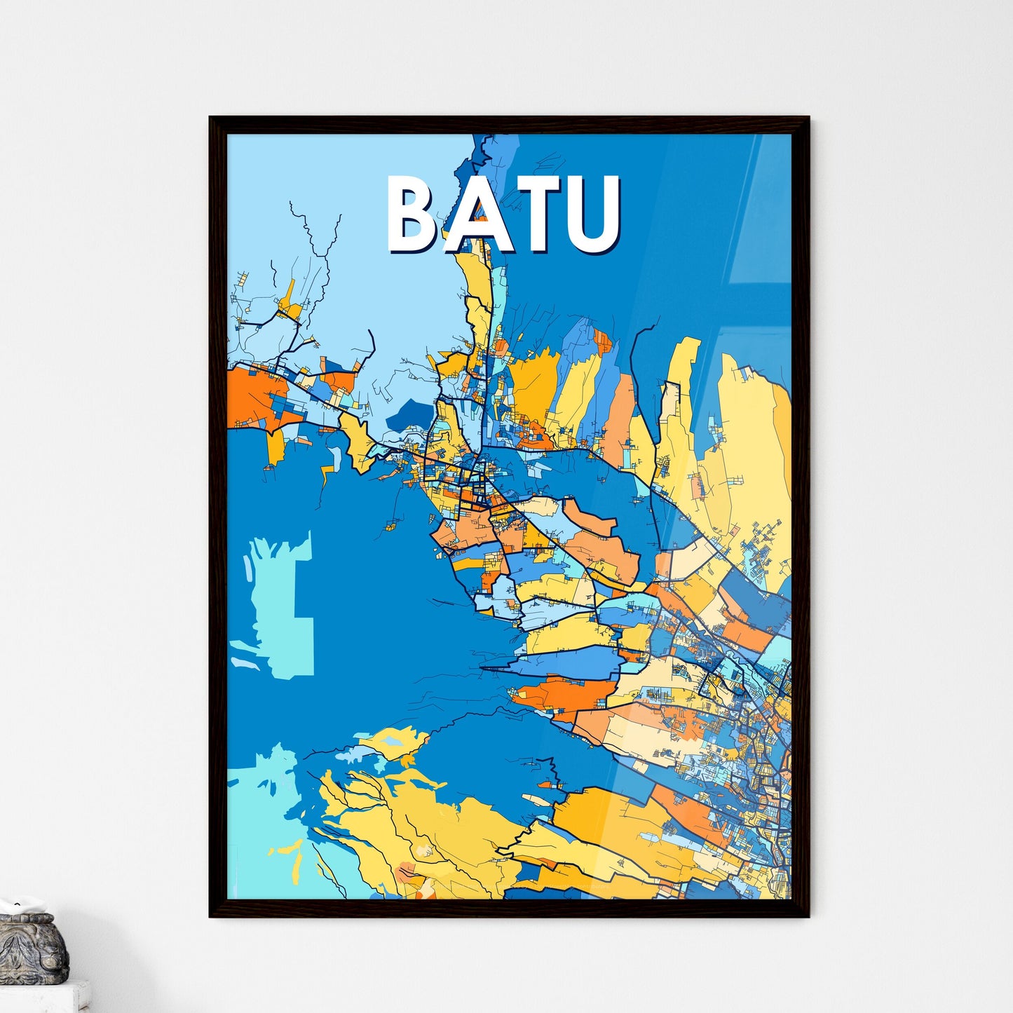 BATU INDONESIA Vibrant Colorful Art Map Poster Blue Orange