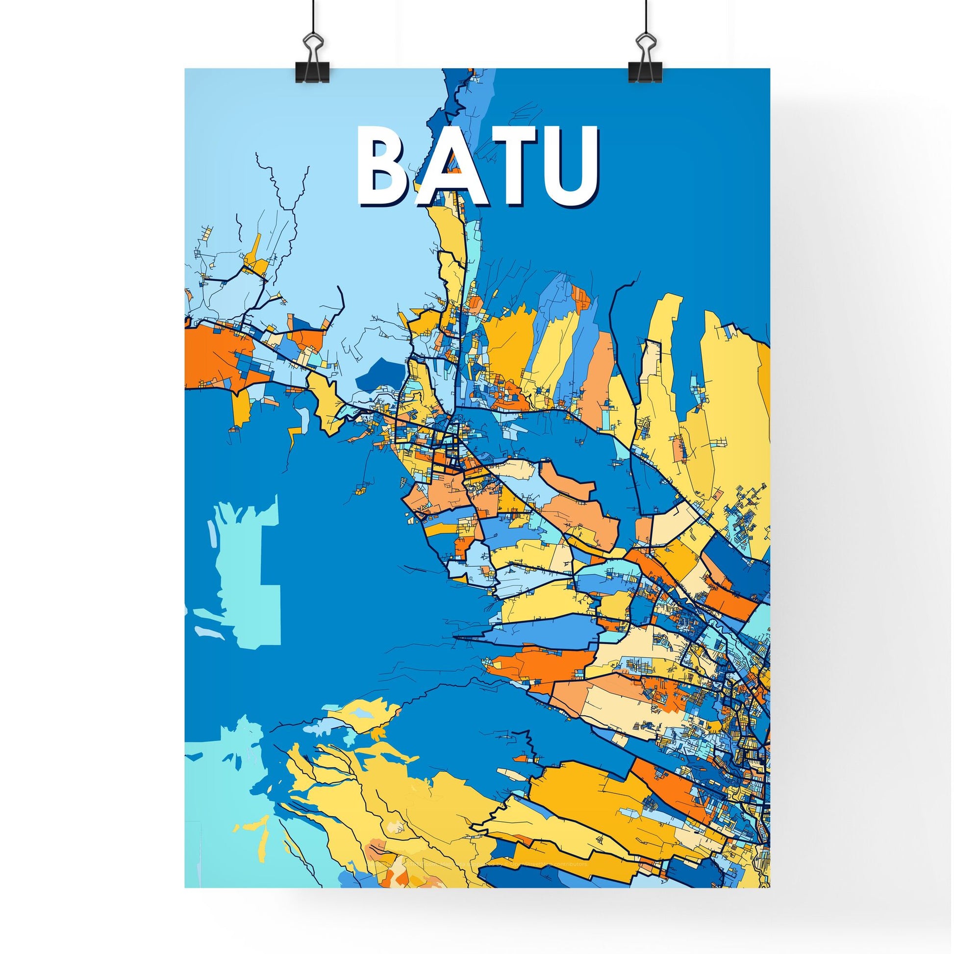 BATU INDONESIA Vibrant Colorful Art Map Poster Blue Orange