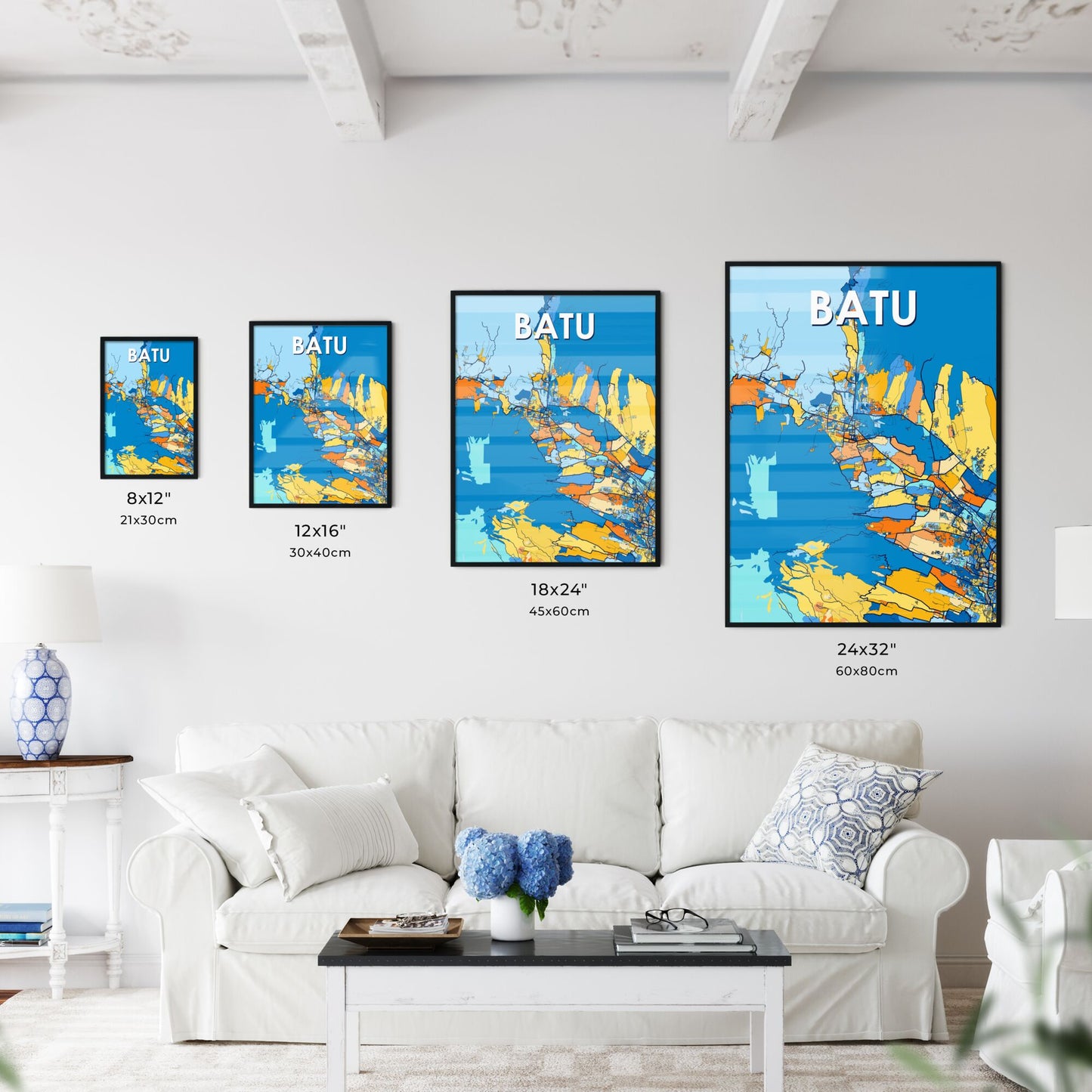 BATU INDONESIA Vibrant Colorful Art Map Poster Blue Orange