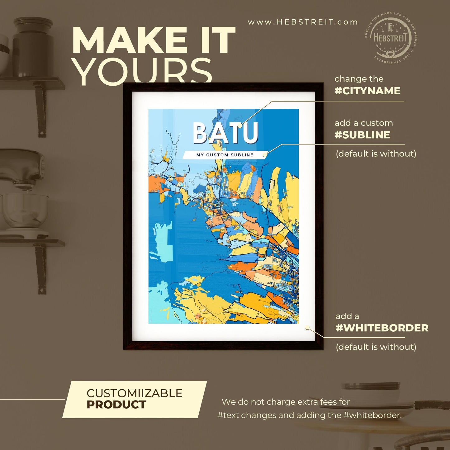 BATU INDONESIA Vibrant Colorful Art Map Poster Blue Orange