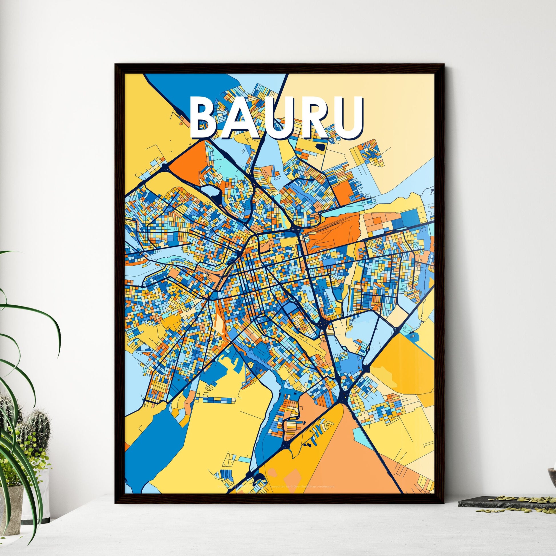 BAURU BRAZIL Vibrant Colorful Art Map Poster Blue Orange