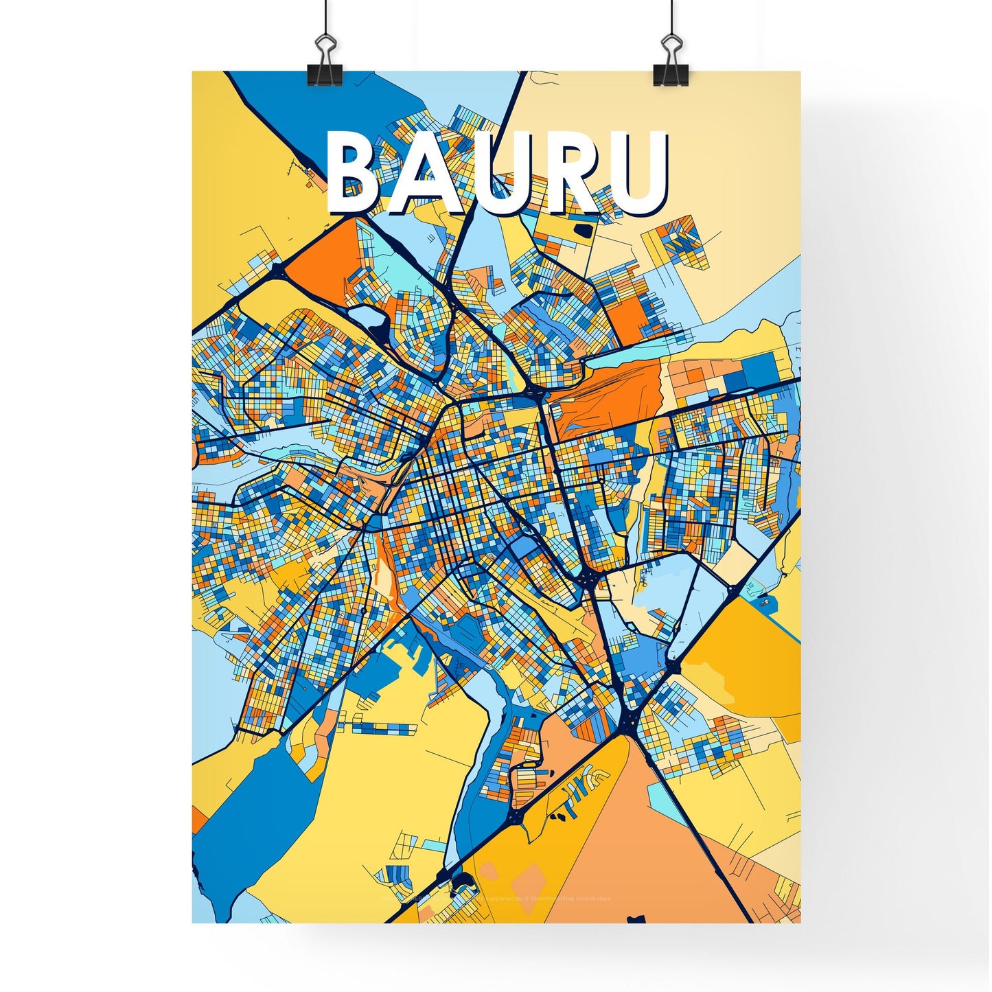 BAURU BRAZIL Vibrant Colorful Art Map Poster Blue Orange