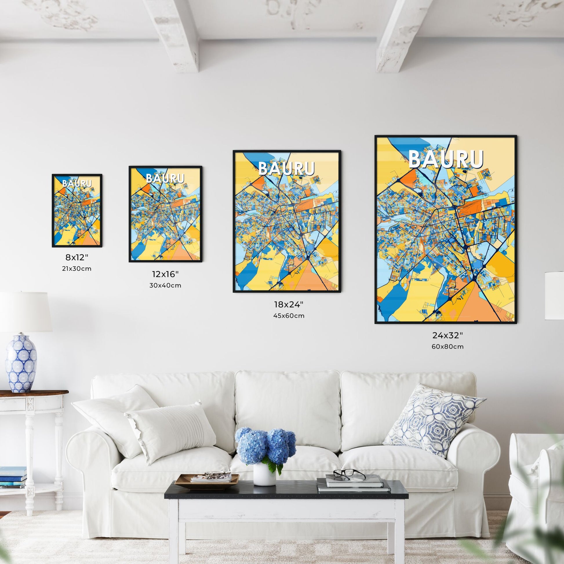 BAURU BRAZIL Vibrant Colorful Art Map Poster Blue Orange