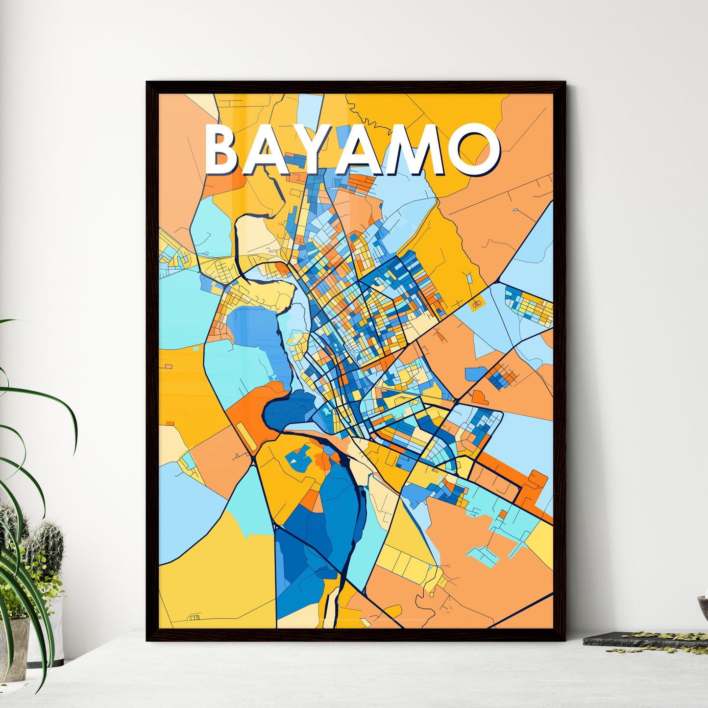 BAYAMO CUBA Vibrant Colorful Art Map Poster Blue Orange