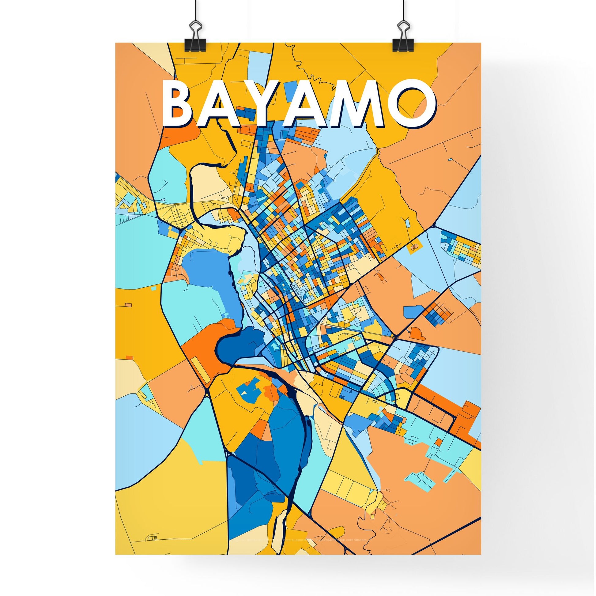 BAYAMO CUBA Vibrant Colorful Art Map Poster Blue Orange