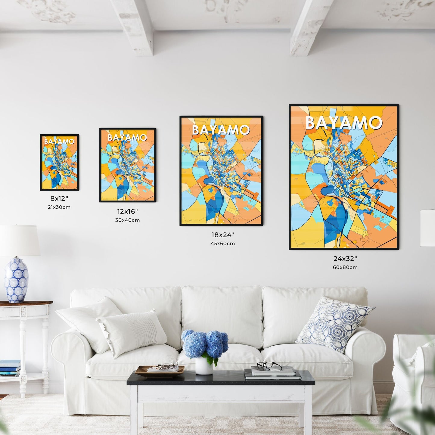 BAYAMO CUBA Vibrant Colorful Art Map Poster Blue Orange