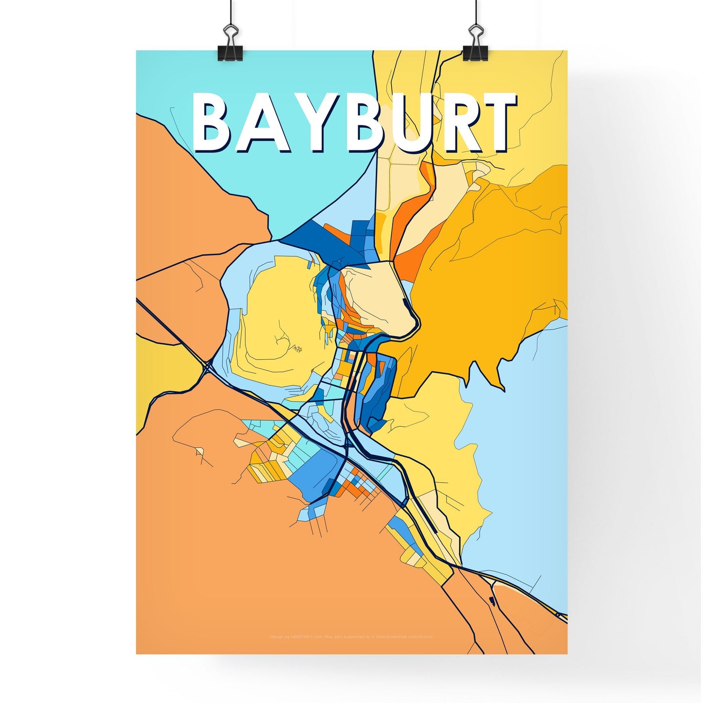 BAYBURT TURKEY Vibrant Colorful Art Map Poster Blue Orange