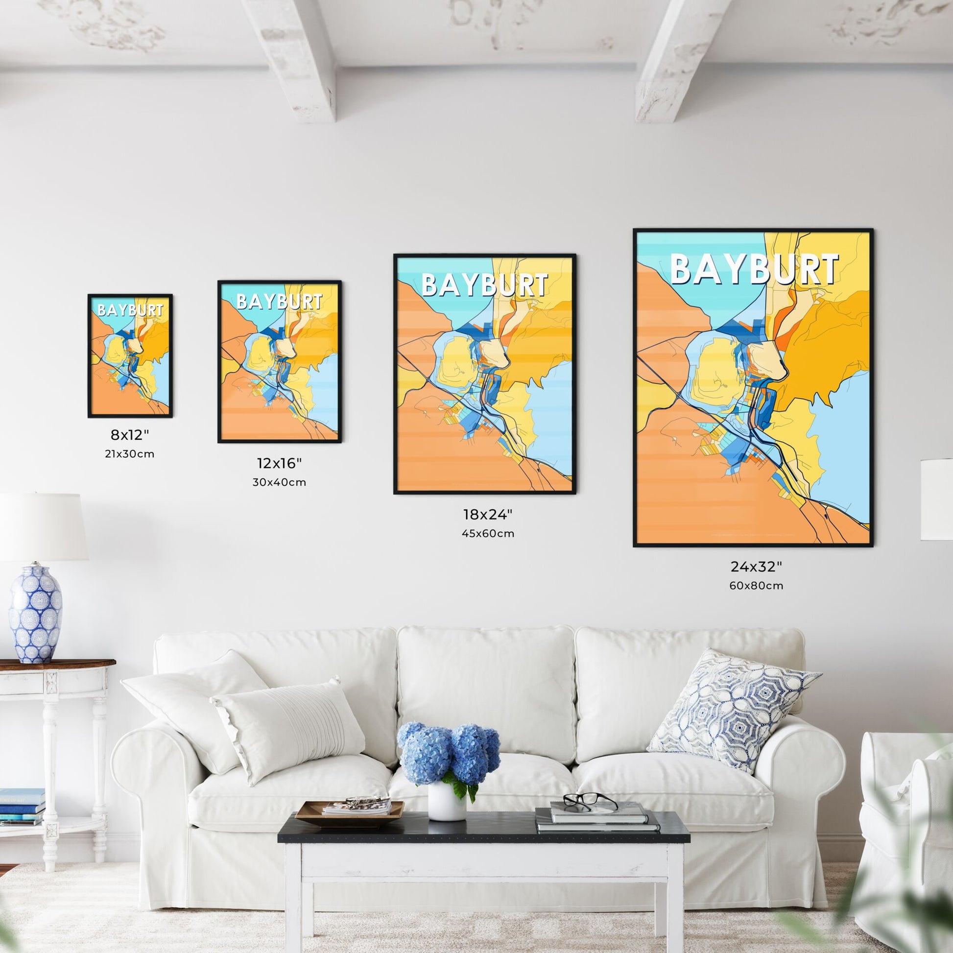 BAYBURT TURKEY Vibrant Colorful Art Map Poster Blue Orange