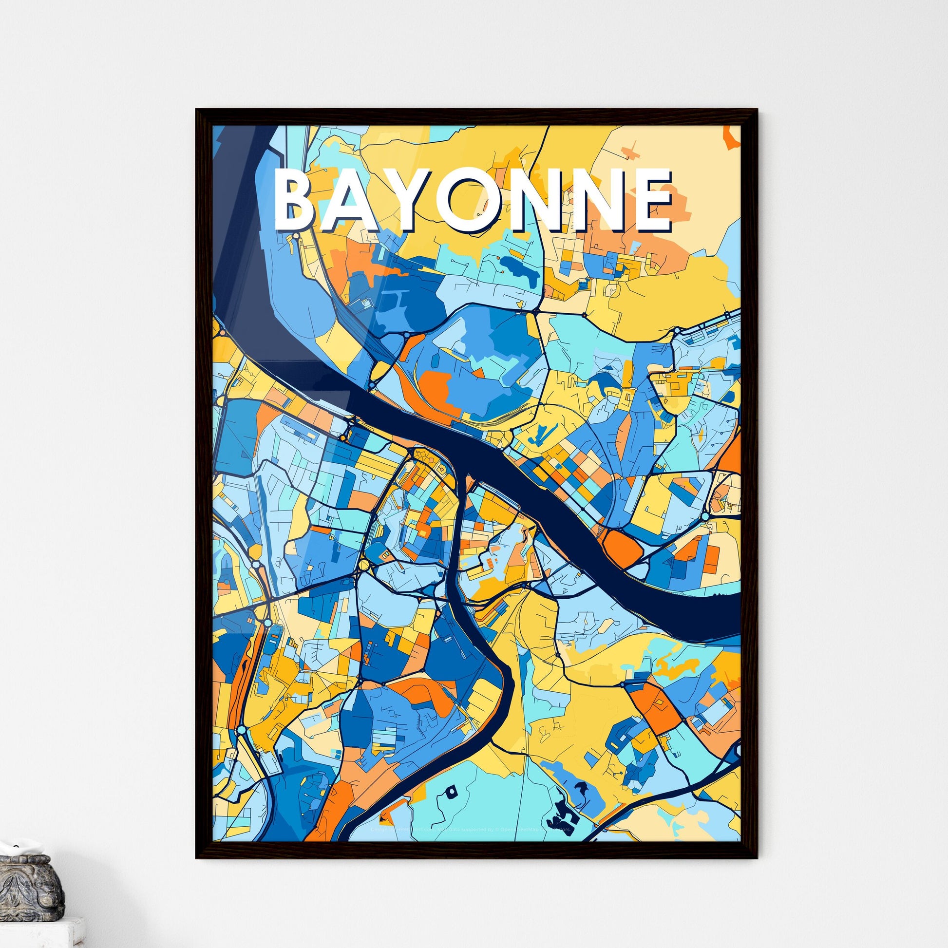 BAYONNE FRANCE Vibrant Colorful Art Map Poster Blue Orange