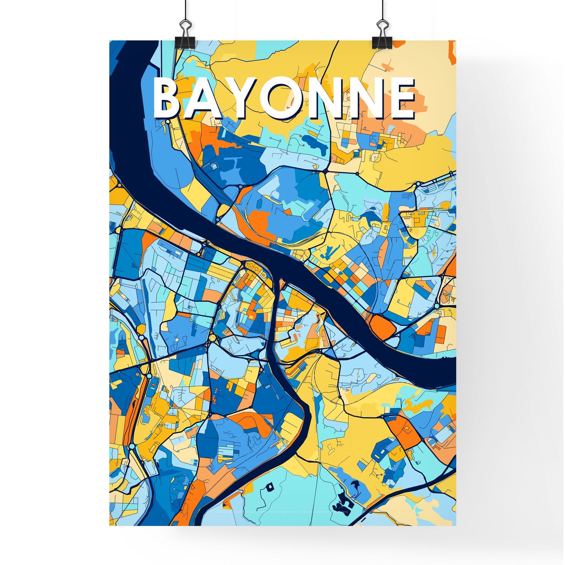 BAYONNE FRANCE Vibrant Colorful Art Map Poster Blue Orange