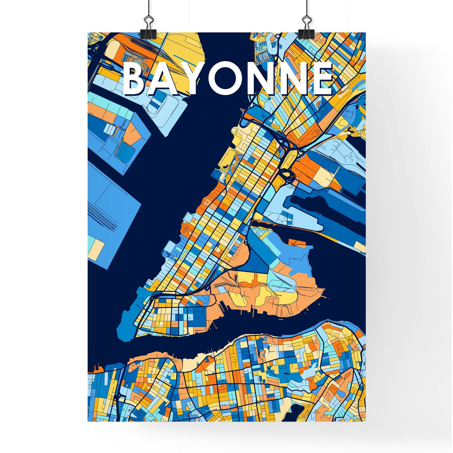 BAYONNE NEW JERSEY Vibrant Colorful Art Map Poster Blue Orange