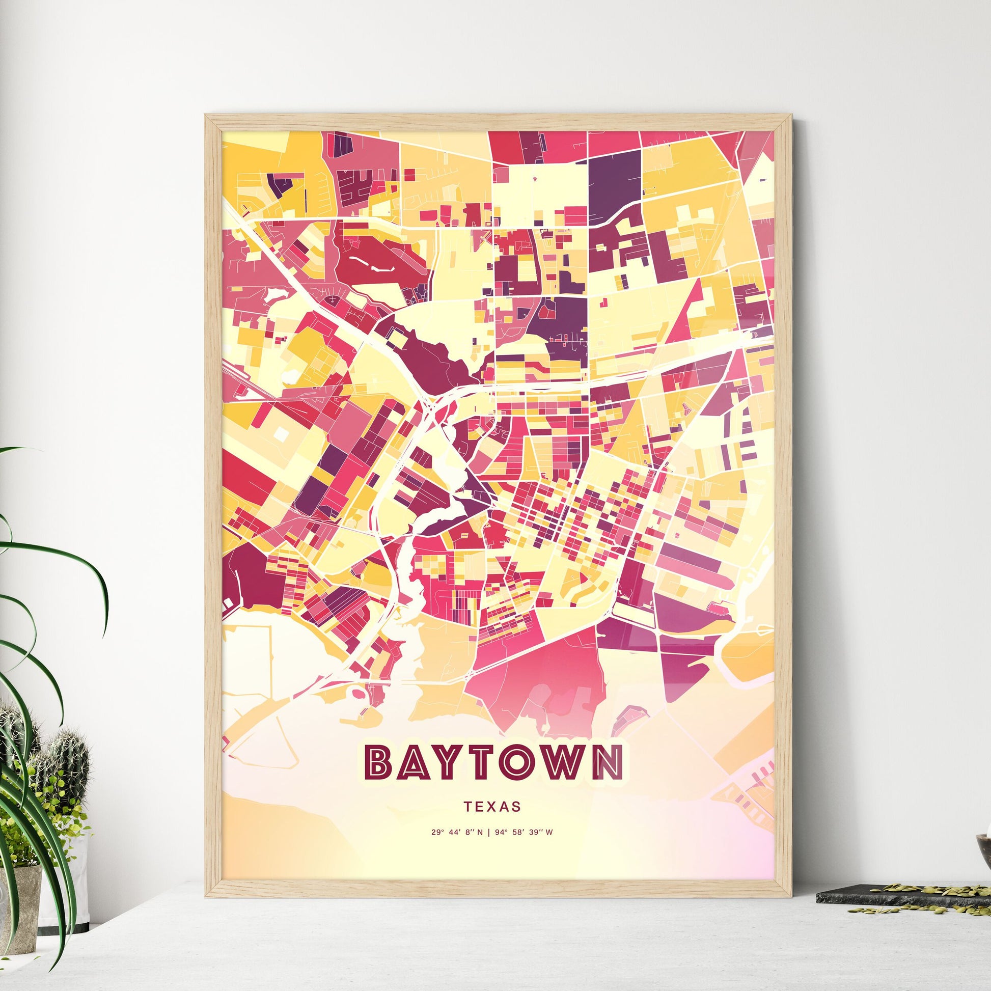 Colorful Baytown Texas Fine Art Map Hot Red