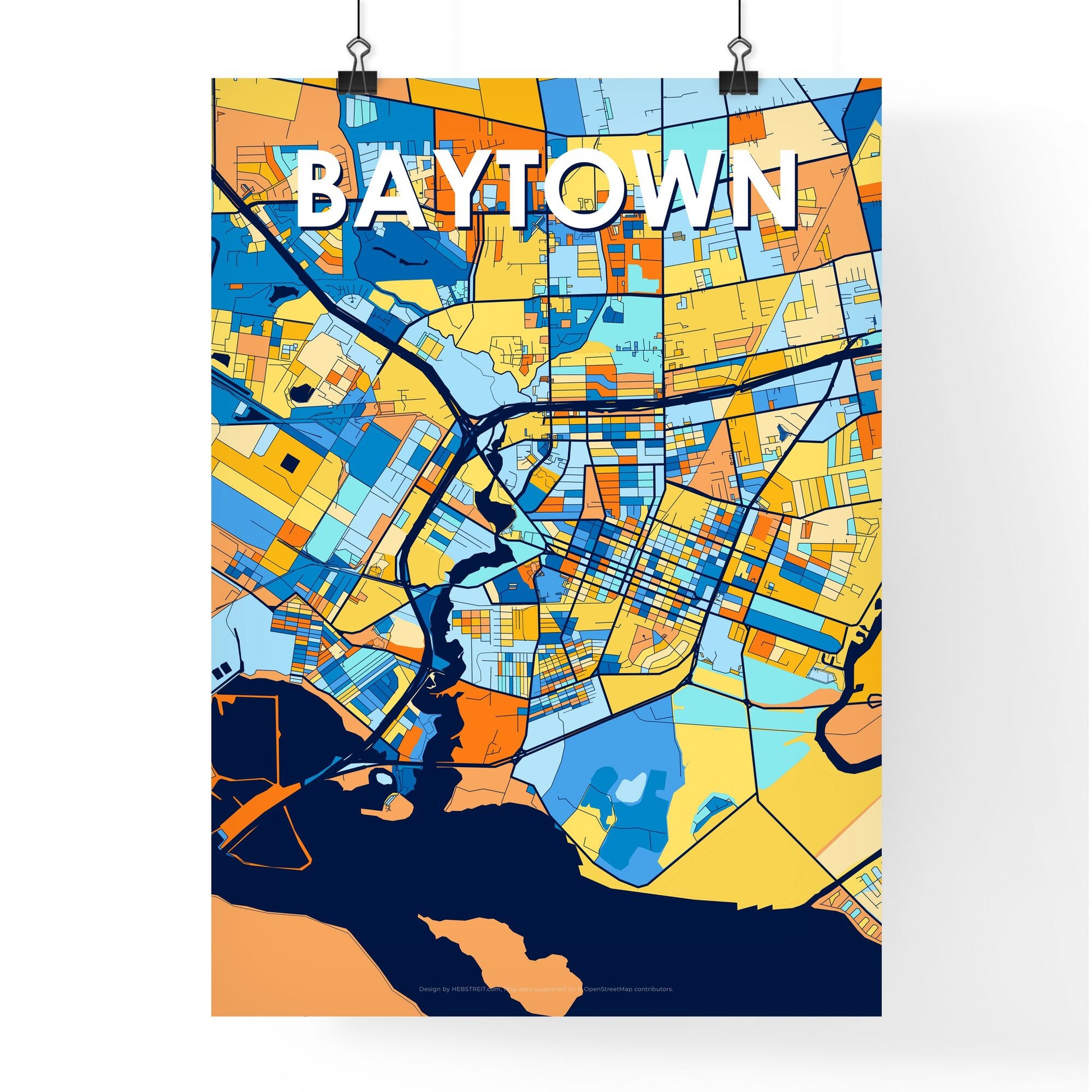 BAYTOWN TEXAS Vibrant Colorful Art Map Poster Blue Orange