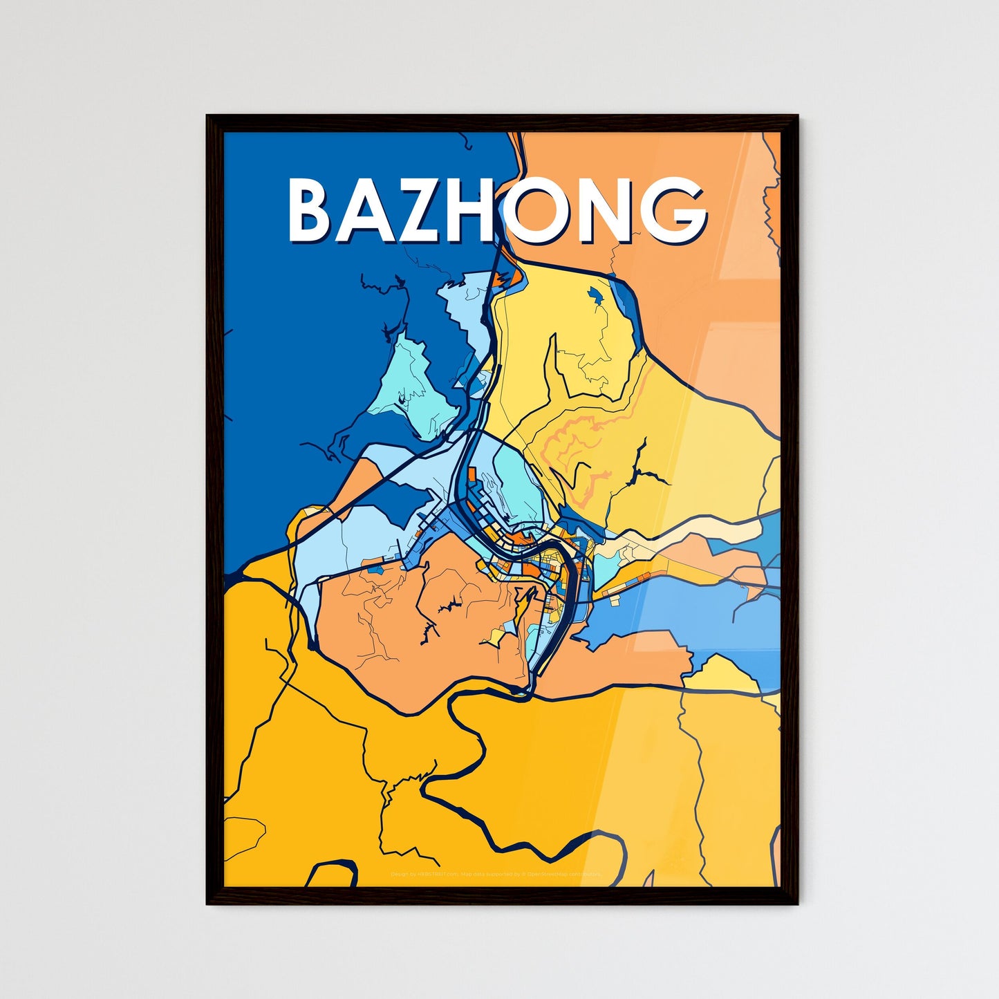 BAZHONG CHINA Vibrant Colorful Art Map Poster Blue Orange