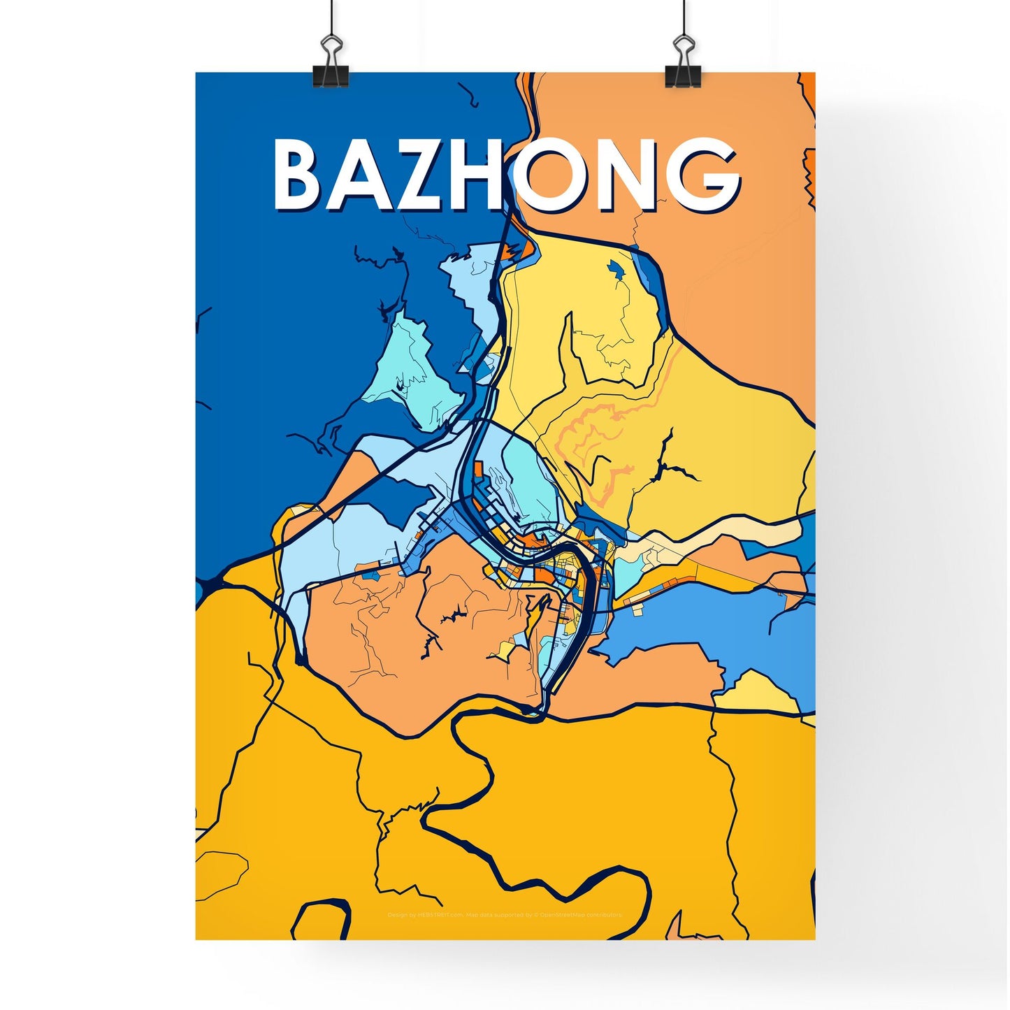 BAZHONG CHINA Vibrant Colorful Art Map Poster Blue Orange