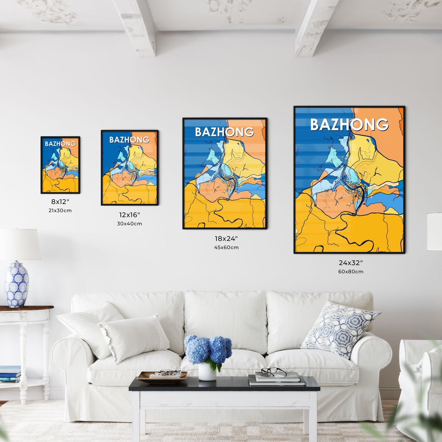 BAZHONG CHINA Vibrant Colorful Art Map Poster Blue Orange