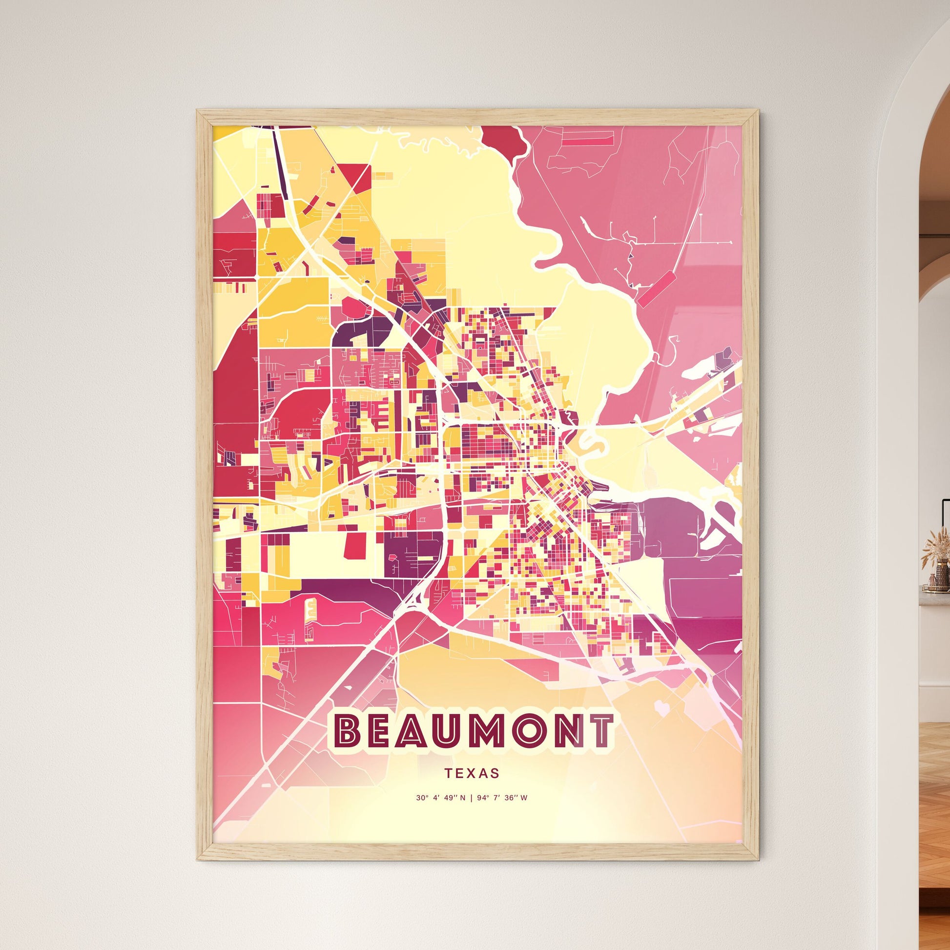 Colorful Beaumont Texas Fine Art Map Hot Red