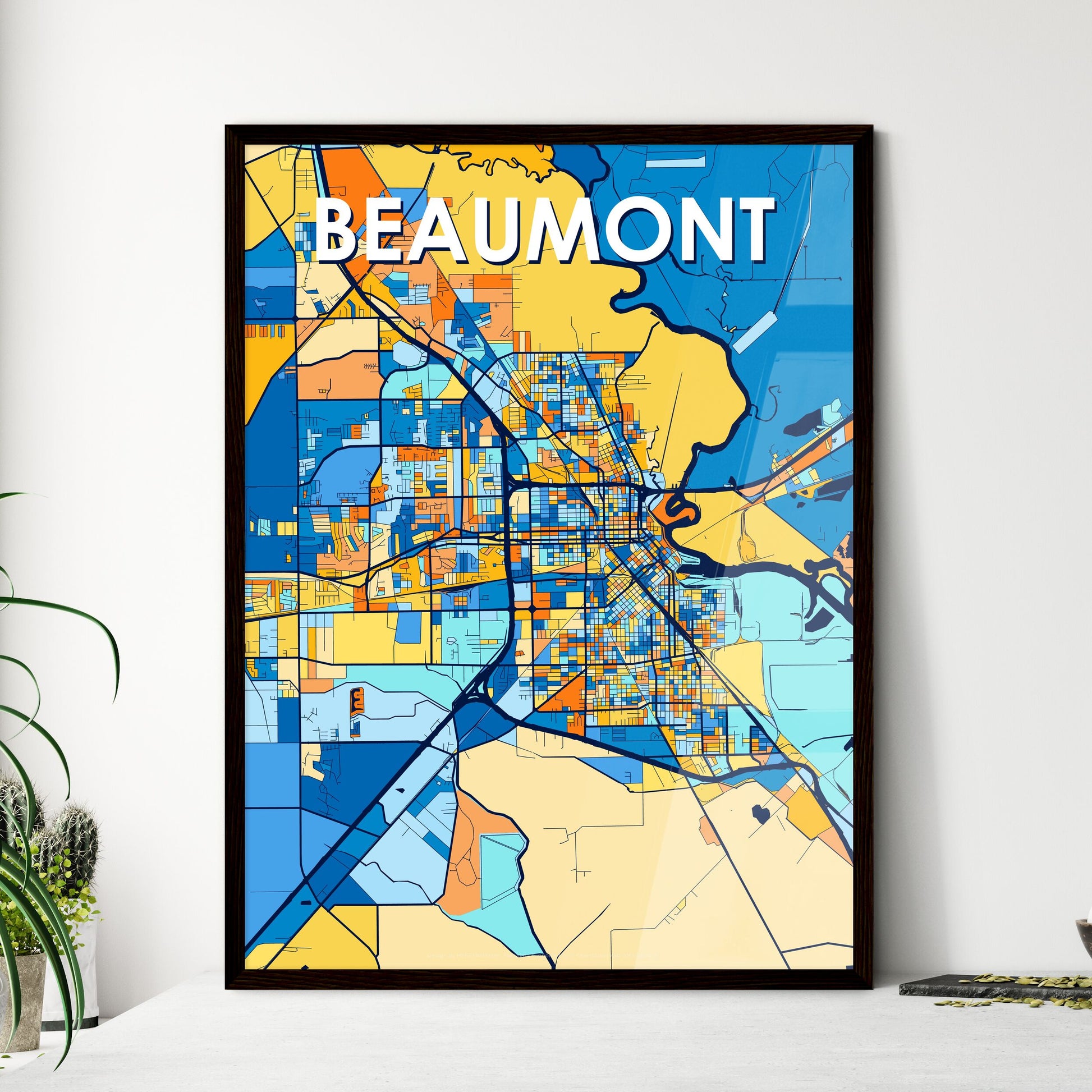 BEAUMONT TEXAS Vibrant Colorful Art Map Poster Blue Orange