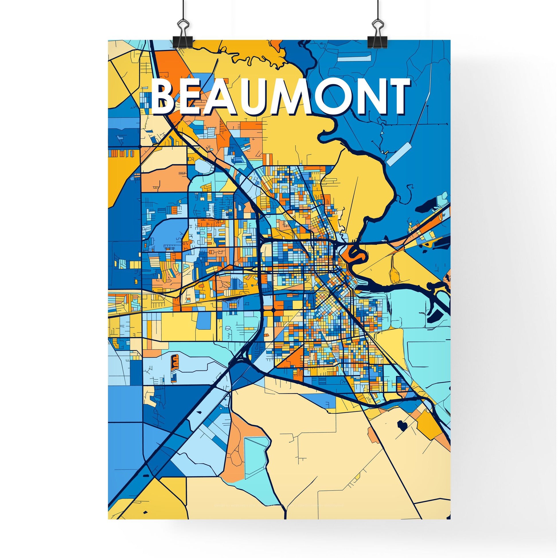 BEAUMONT TEXAS Vibrant Colorful Art Map Poster Blue Orange