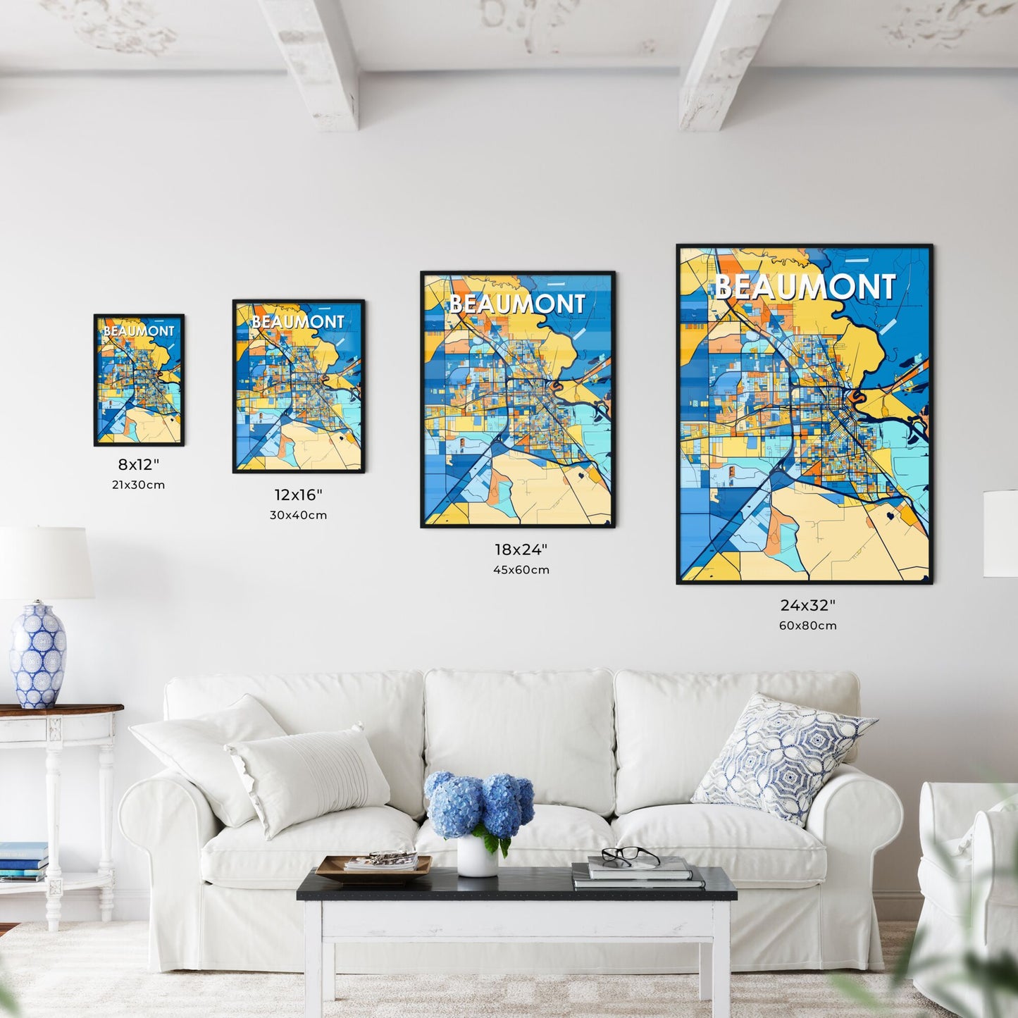 BEAUMONT TEXAS Vibrant Colorful Art Map Poster Blue Orange