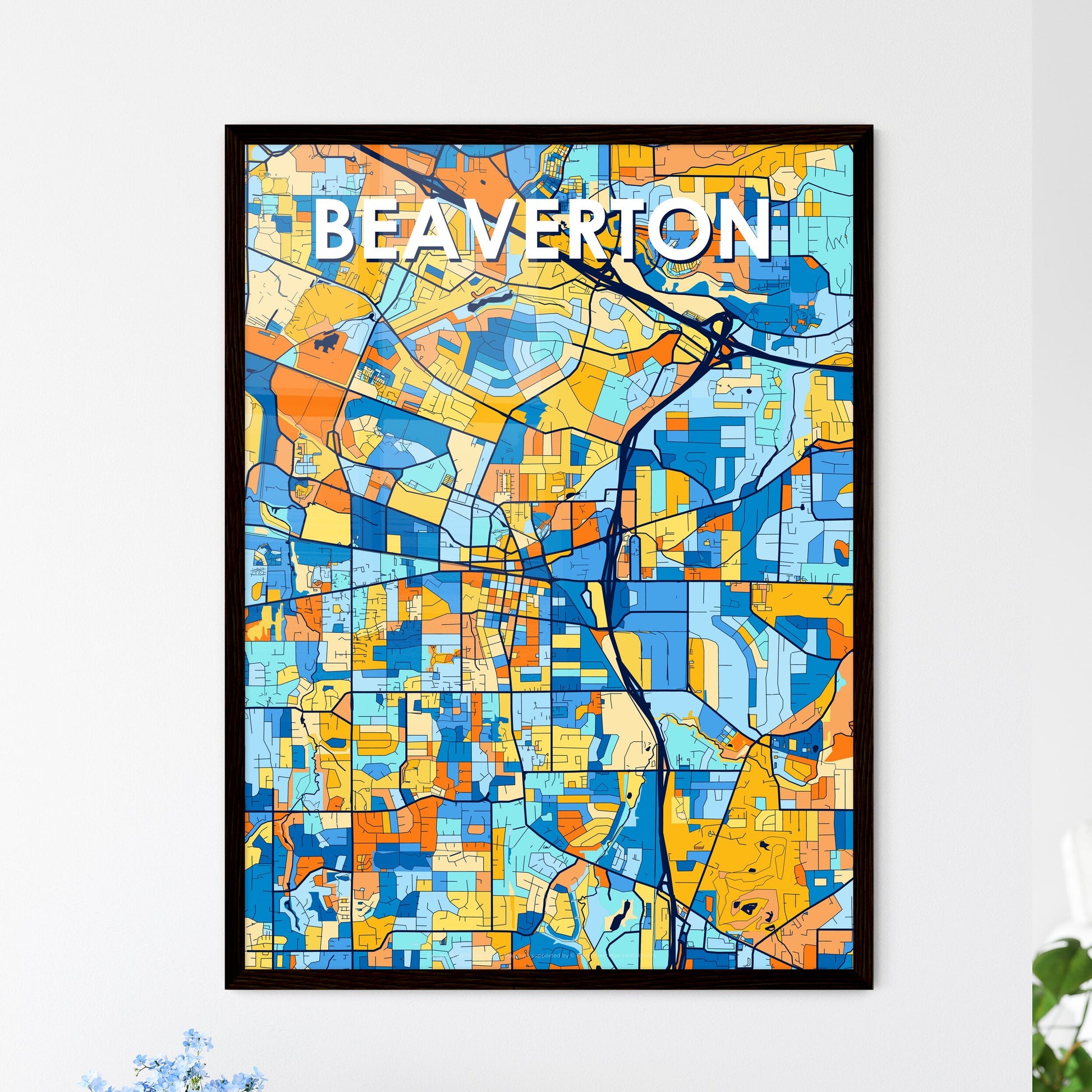 BEAVERTON OREGON Vibrant Colorful Art Map Poster Blue Orange